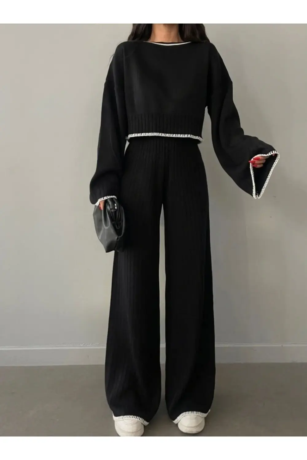 Kadın Siyah Fitilli Triko Takım