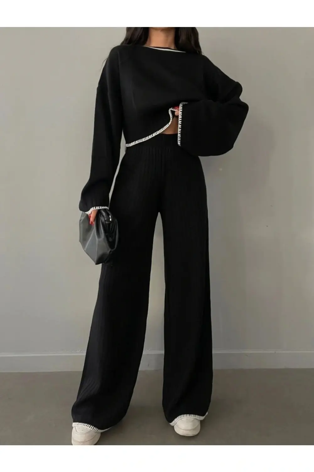 Kadın Siyah Fitilli Triko Takım