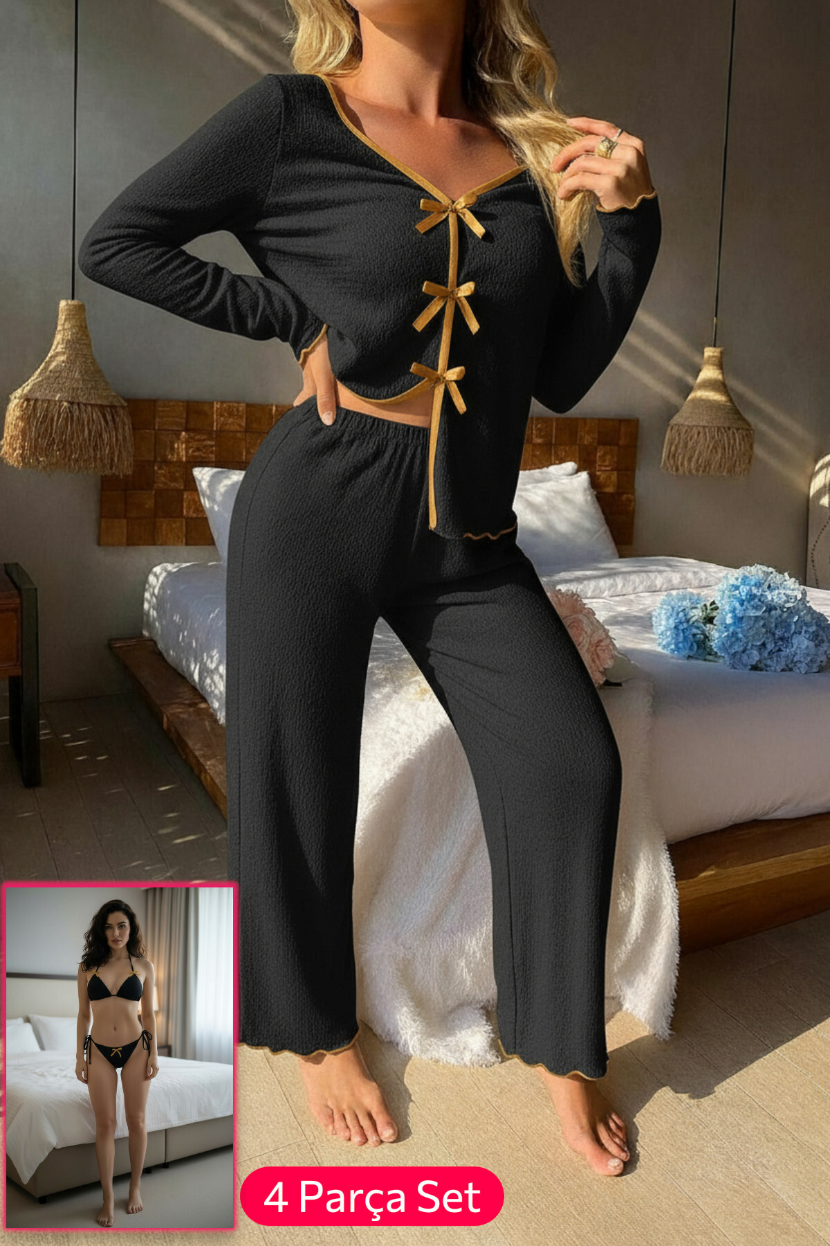 Kadın Siyah Fiyonklu İç Çamaşırı ve Uzun Kollu V Yaka Pijama Takı