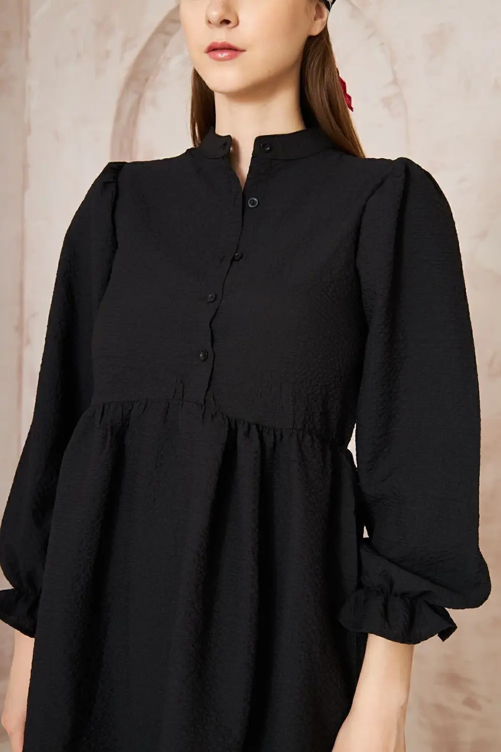 Kadın Siyah Gofre Balon Kol Büzgülü Tunik / Beli Lastikli Cepli P