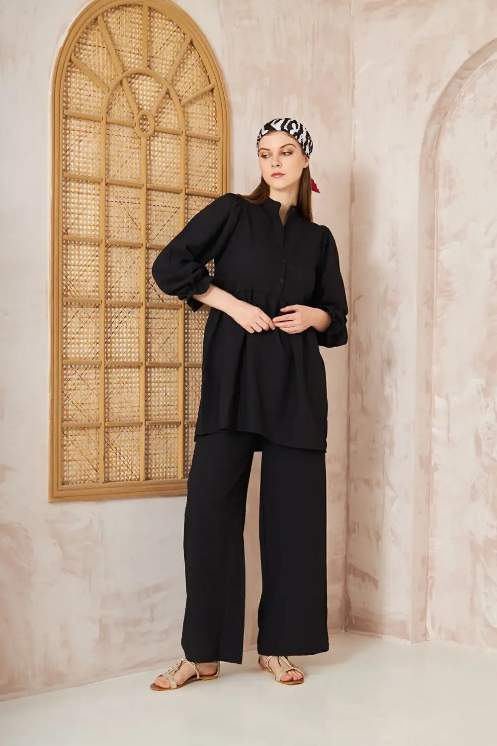 Kadın Siyah Gofre Balon Kol Büzgülü Tunik / Beli Lastikli Cepli P