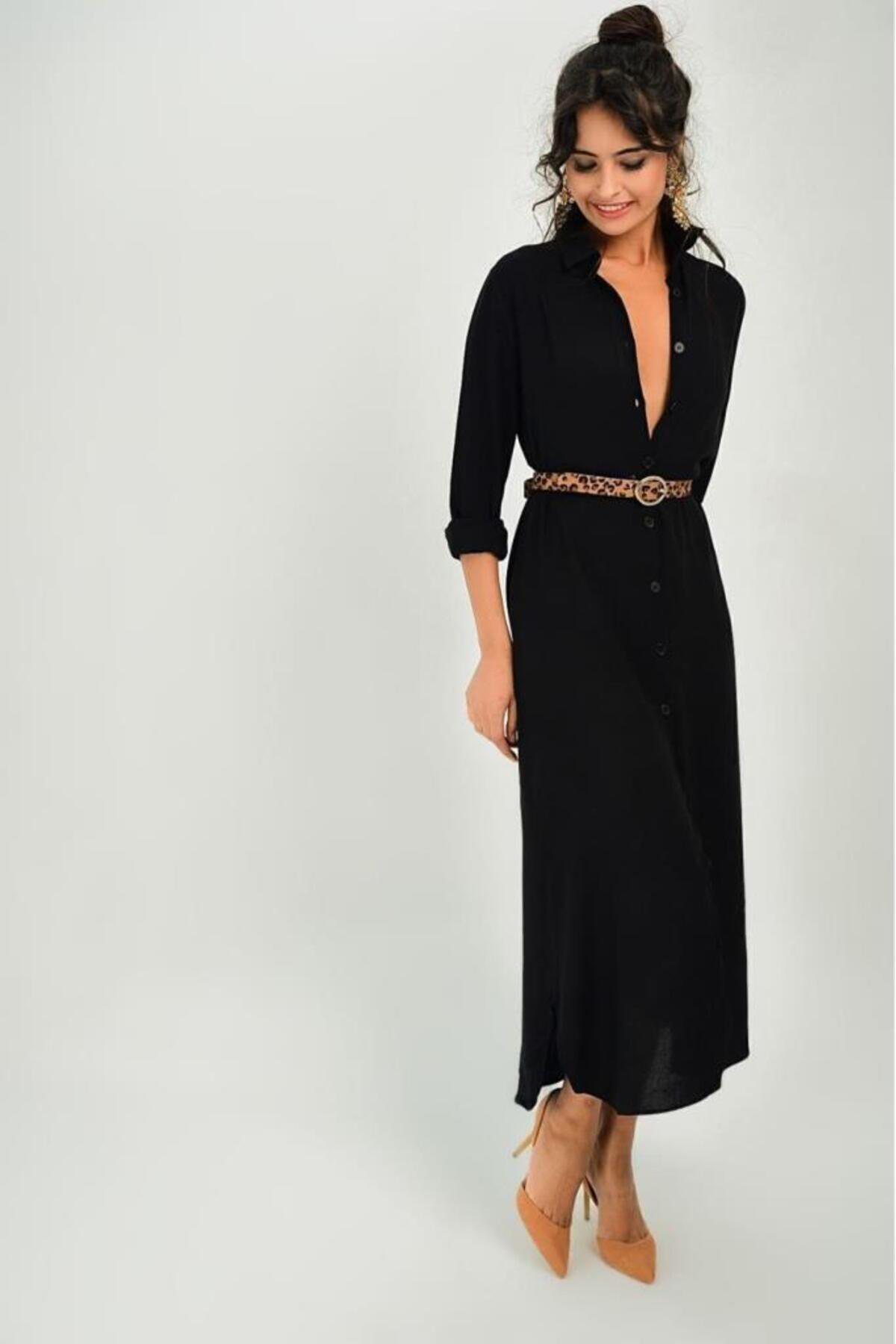 Pasaklı Giyim Kadın Siyah Gömlek Yaka Uzun Kollu Viskon Rahat Gömlek Elbise T40