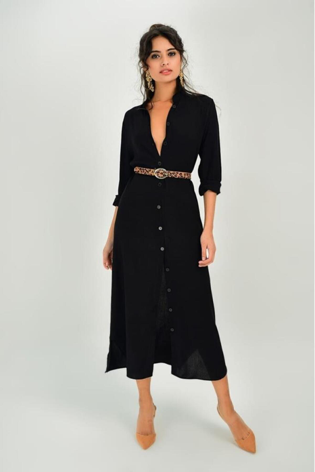 Pasaklı Giyim Kadın Siyah Gömlek Yaka Uzun Kollu Viskon Rahat Gömlek Elbise T40