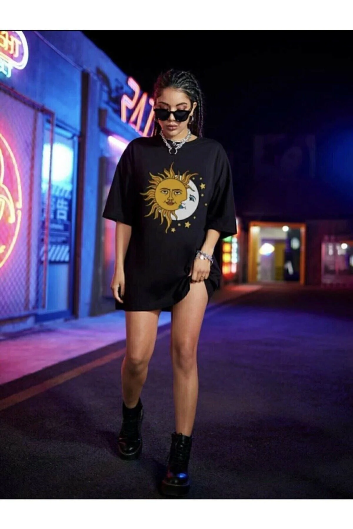Kadın Siyah Güneş Ay Baskılı Oversize Penye T-shirt Tişört Fiyatı, Yorumları ve Özellikleri