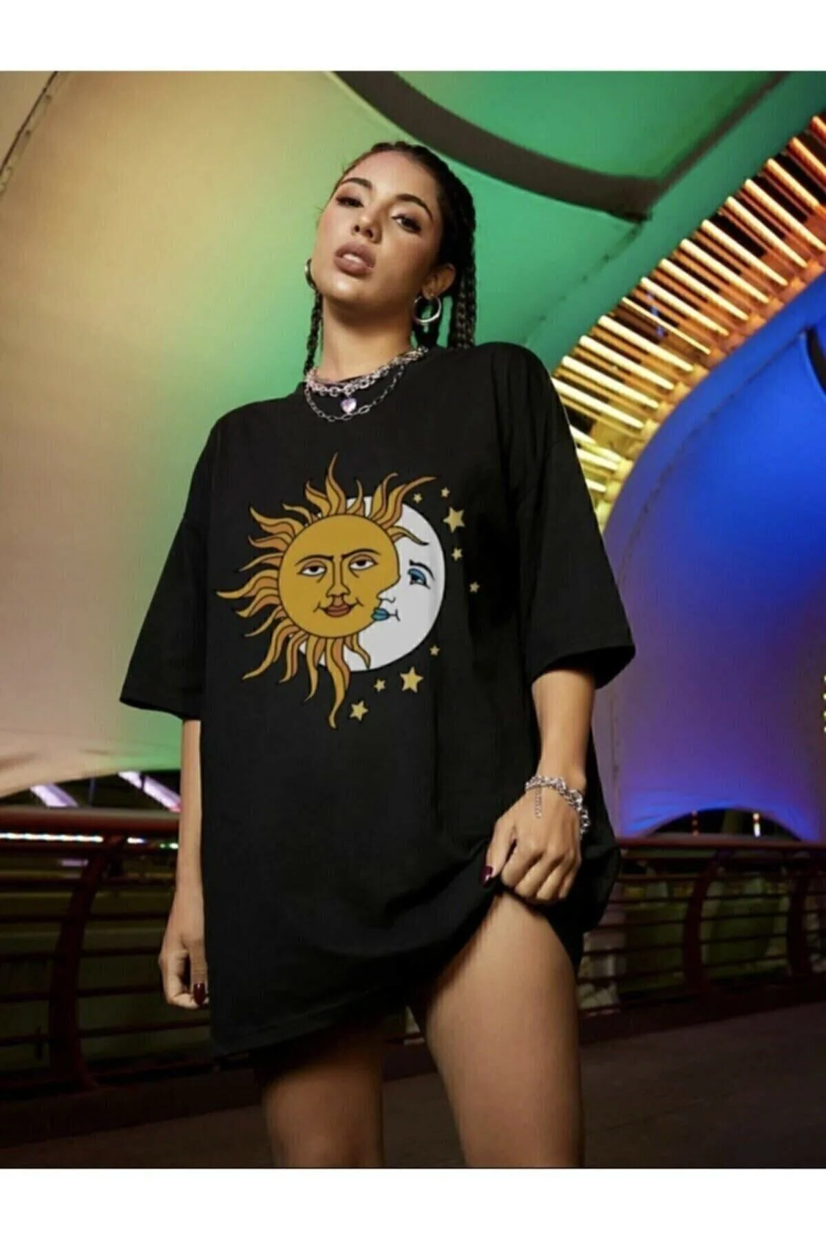 Kadın Siyah Güneş Ay Baskılı Oversize Penye T-shirt Tişört Fiyatı, Yorumları ve Özellikleri