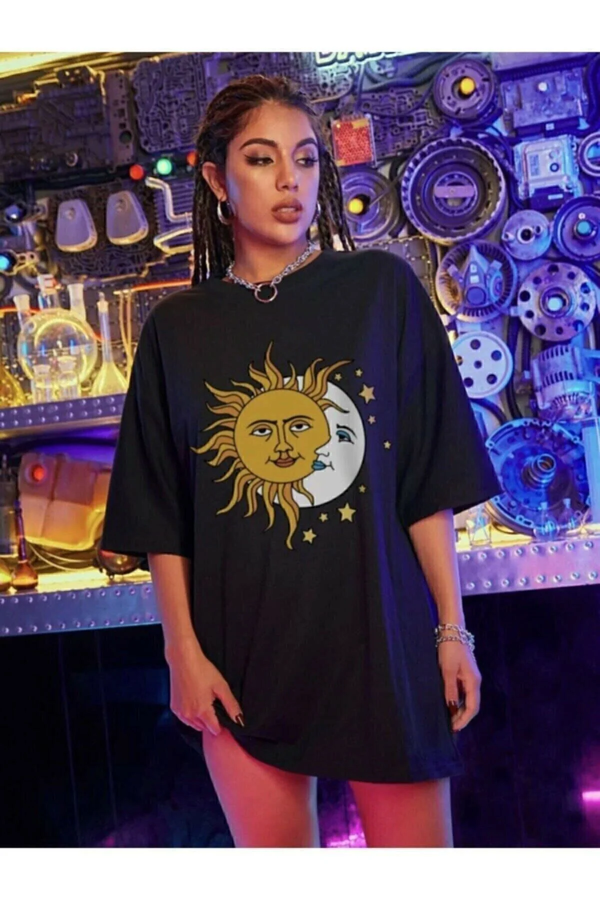 Kadın Siyah Güneş Ay Baskılı Oversize Penye T-shirt Tişört Fiyatı, Yorumları ve Özellikleri