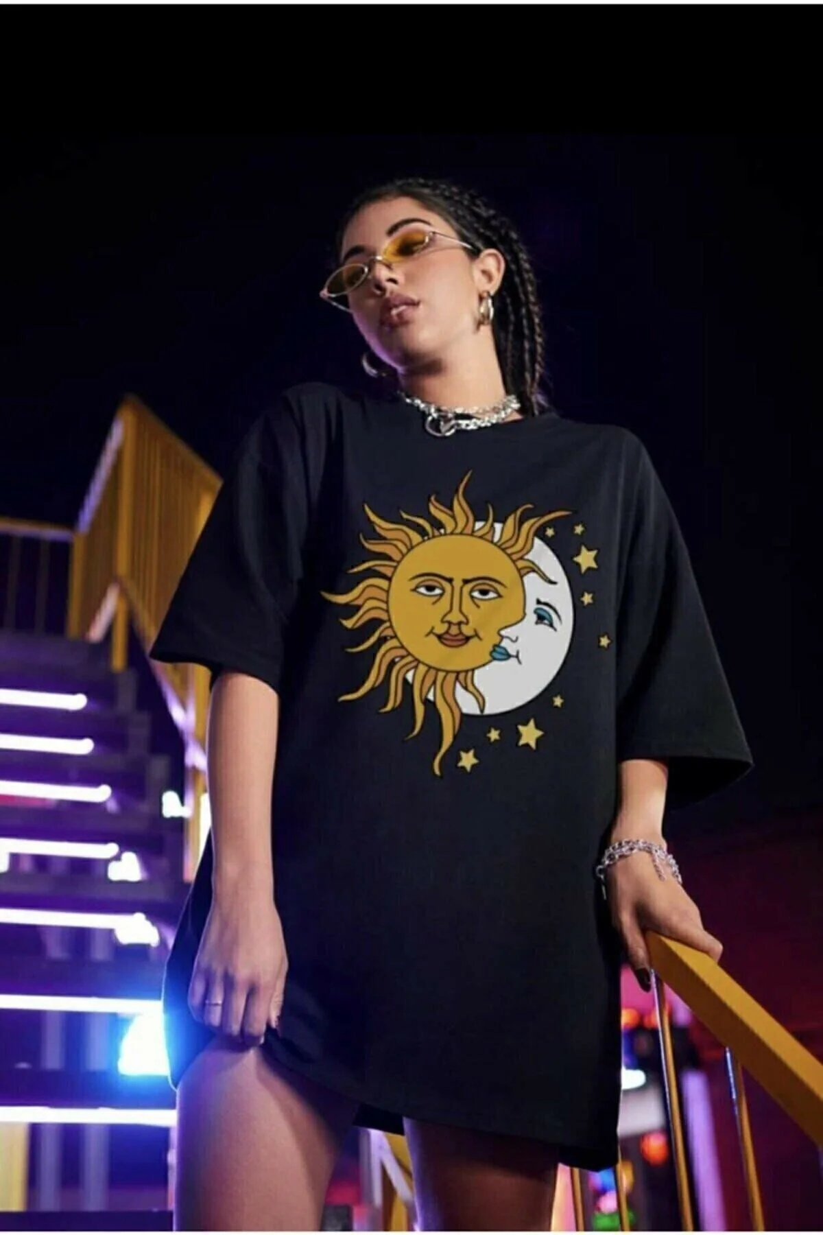 Kadın Siyah Güneş Ay Baskılı Oversize Penye T-shirt Tişört Fiyatı, Yorumları ve Özellikleri