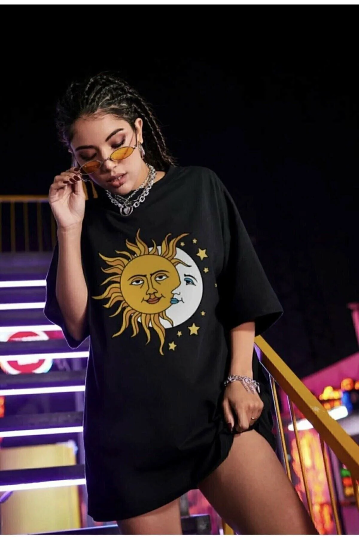 Kadın Siyah Güneş Ay Baskılı Oversize Penye T-shirt Tişört Fiyatı, Yorumları ve Özellikleri