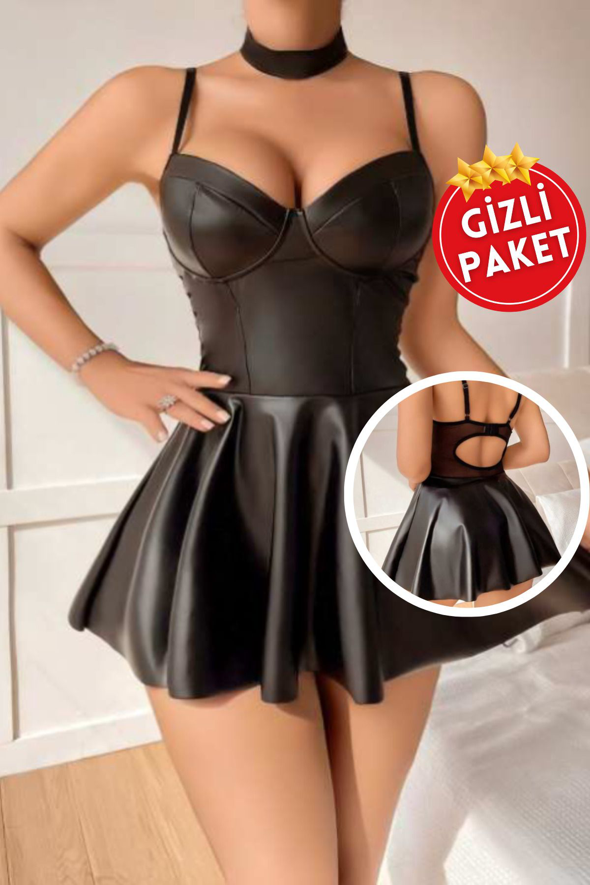 Kadın Siyah İp Askılı Göğüs ve Sırt Dekolteli Fırfır Etekli Mini Lame Deri Gece Elbisesi