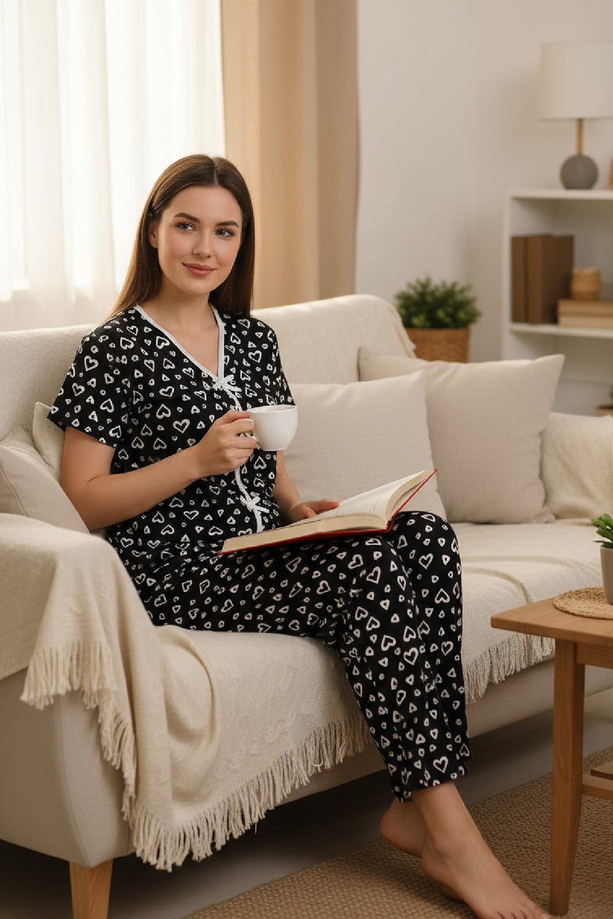 Kadın Siyah Kalp Desenli Fiyonklu Kısa Kollu Uzun Pijama Takımı