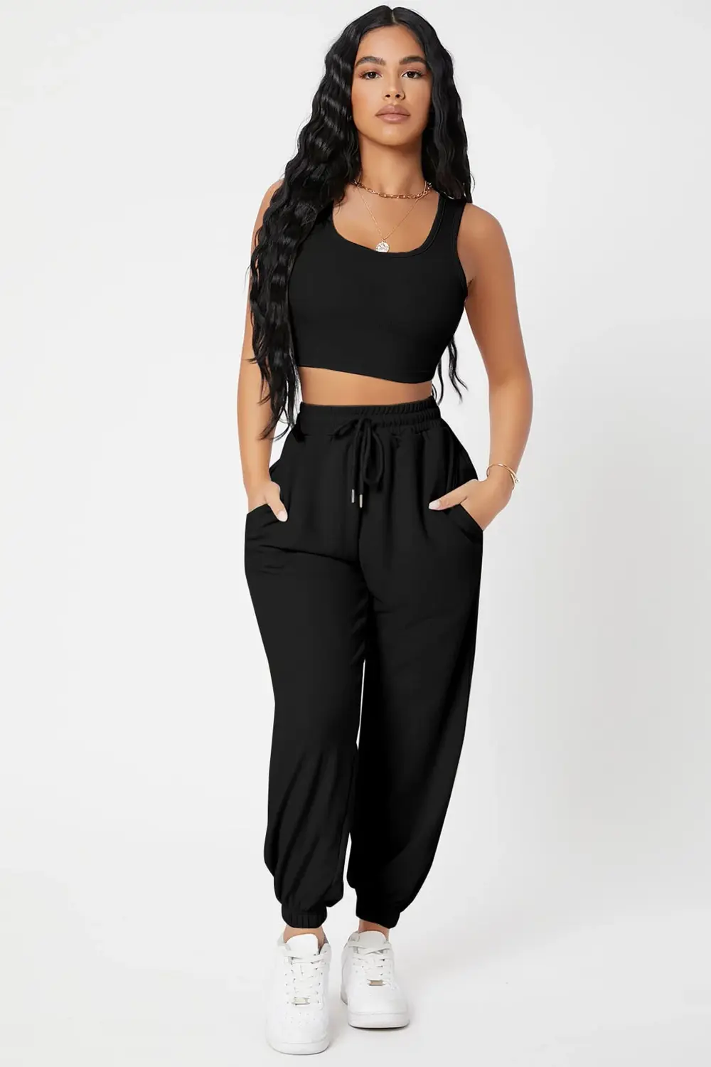 Pilelistore Kadın Siyah Kaşkorse Cepli Jogger Eşofman Altı Ve Crop Top Bluz