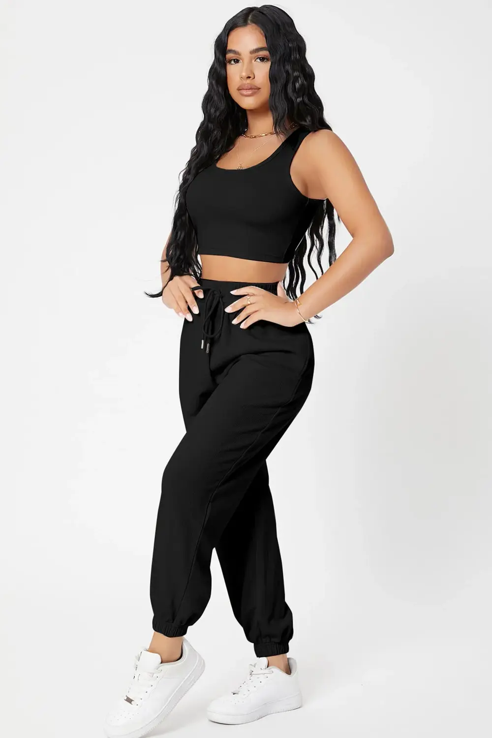 Pilelistore Kadın Siyah Kaşkorse Cepli Jogger Eşofman Altı Ve Crop Top Bluz