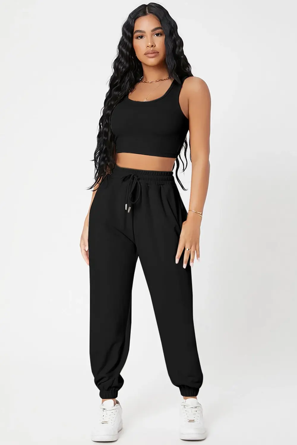 Pilelistore Kadın Siyah Kaşkorse Cepli Jogger Eşofman Altı Ve Crop Top Bluz