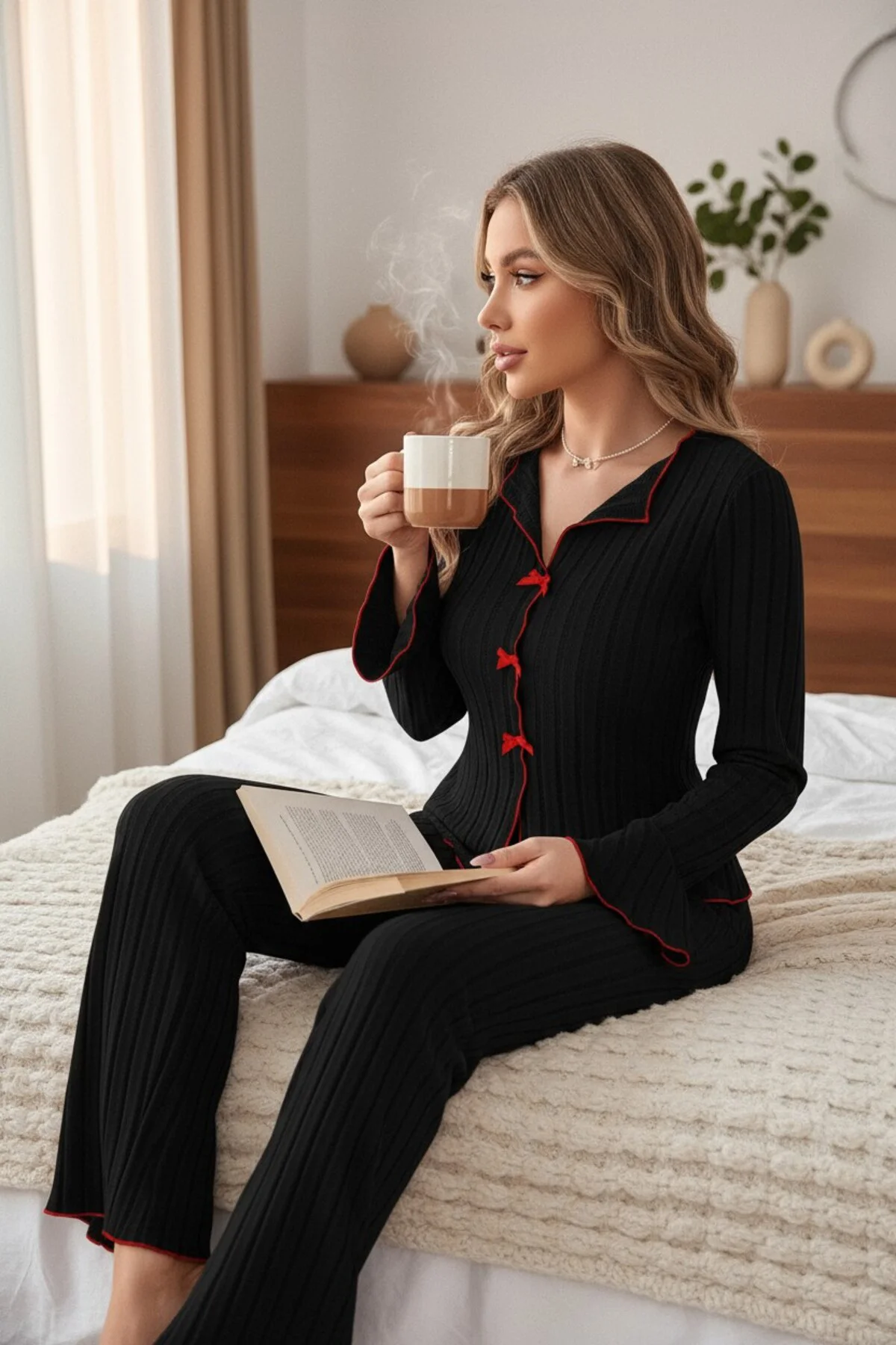 Kadın Siyah Kırmızı Biyeli Ve Fiyonklu Uzun Kollu Mevsimlik Pijam