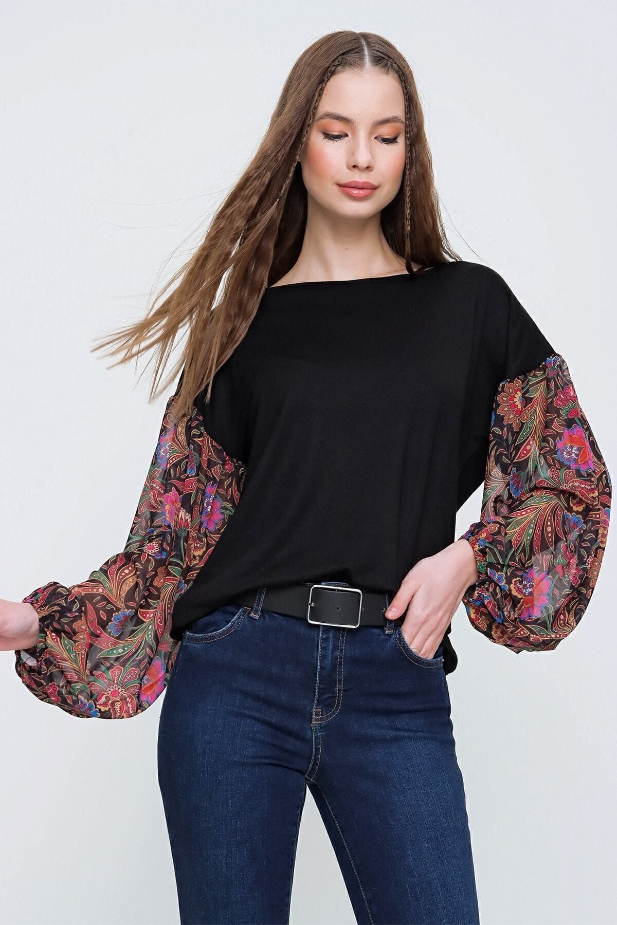 Kadın Siyah Kolları Şifon Uzun Kollu Transparan Bluz Yb2802200