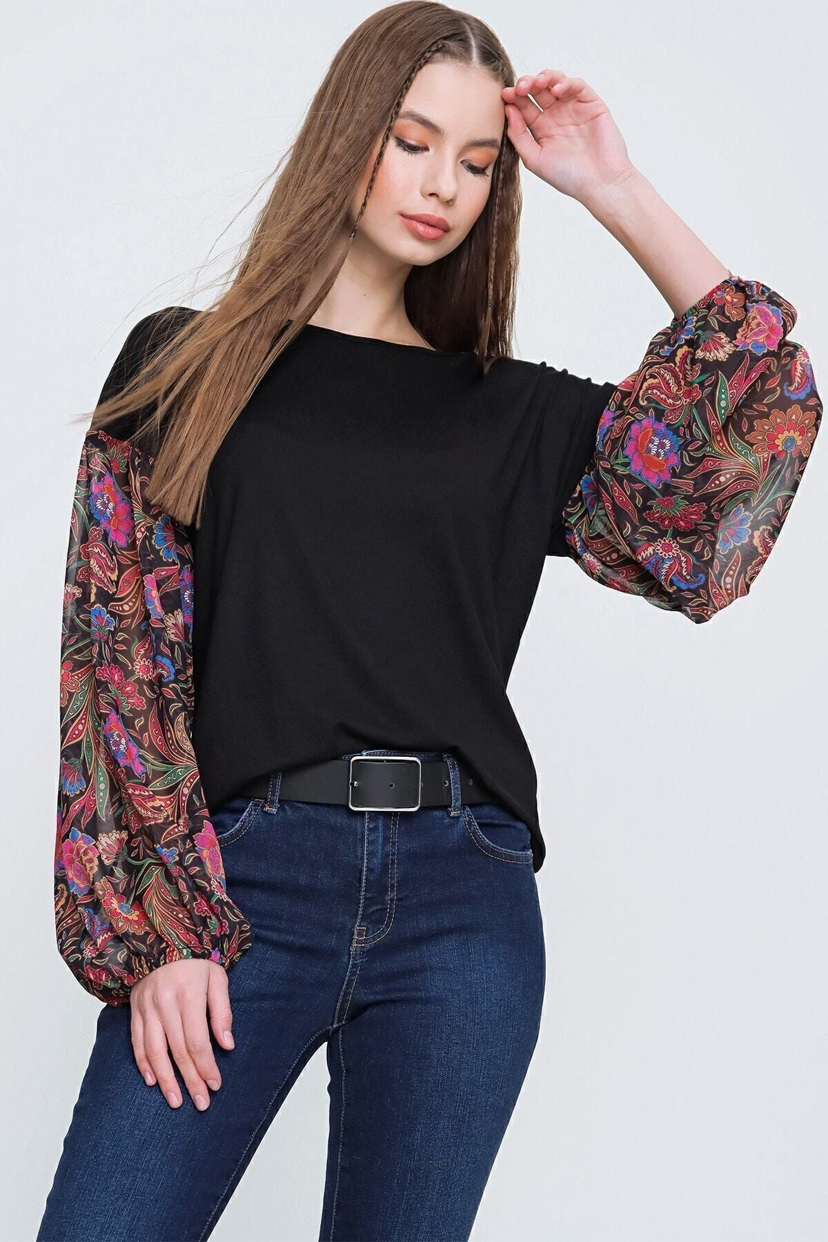 Kadın Siyah Kolları Şifon Uzun Kollu Transparan Bluz Yb2802200