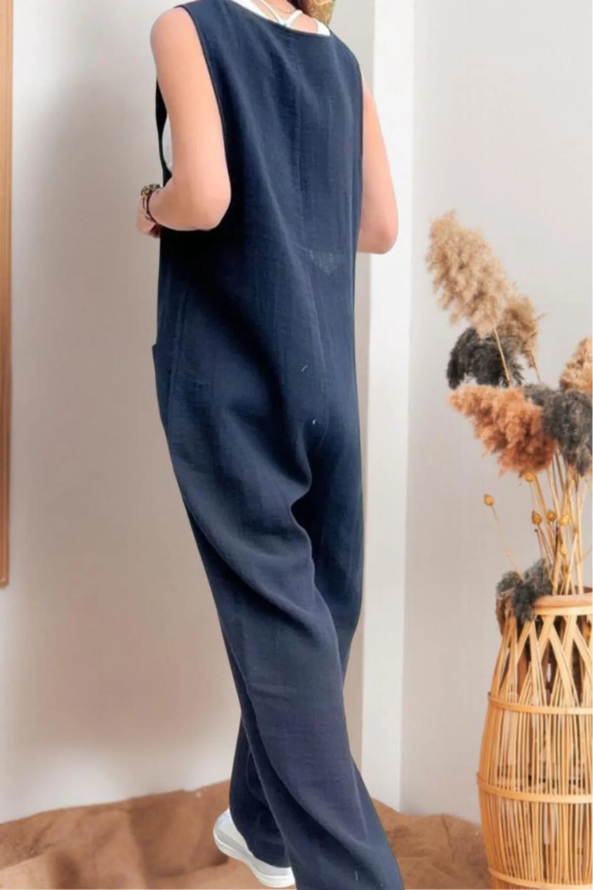 Kadın Siyah Müslin Oversize Askılı Cepli Tulum – %100 Pamuk, Raha