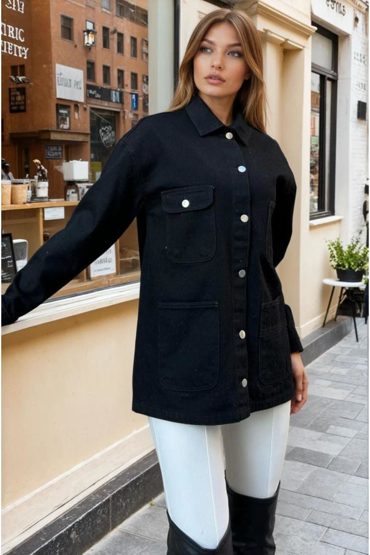 Kadın Siyah Oversize Gabardin Kot Ceket Gömlek – Geniş Cepli, Düğ