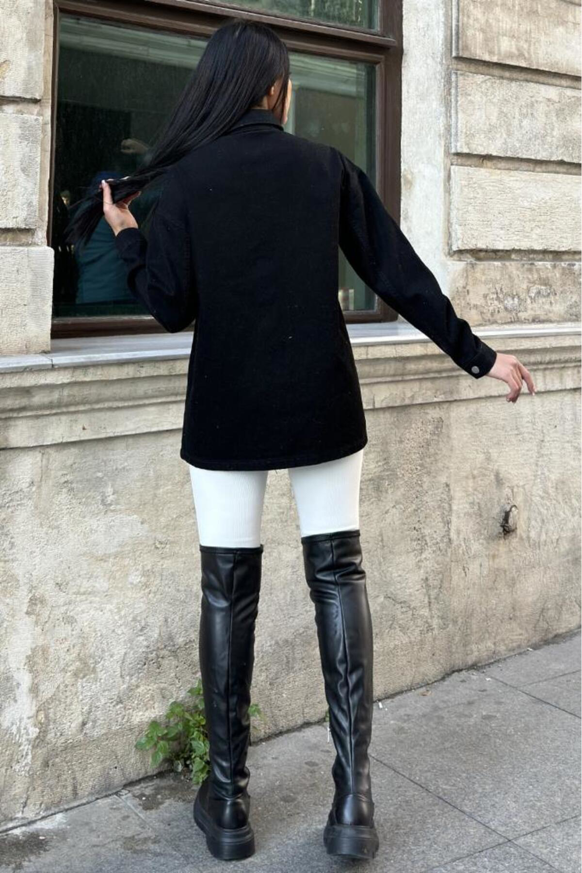 Kadın Siyah Oversize Gabardin Kot Ceket Gömlek – Geniş Cepli, Düğ