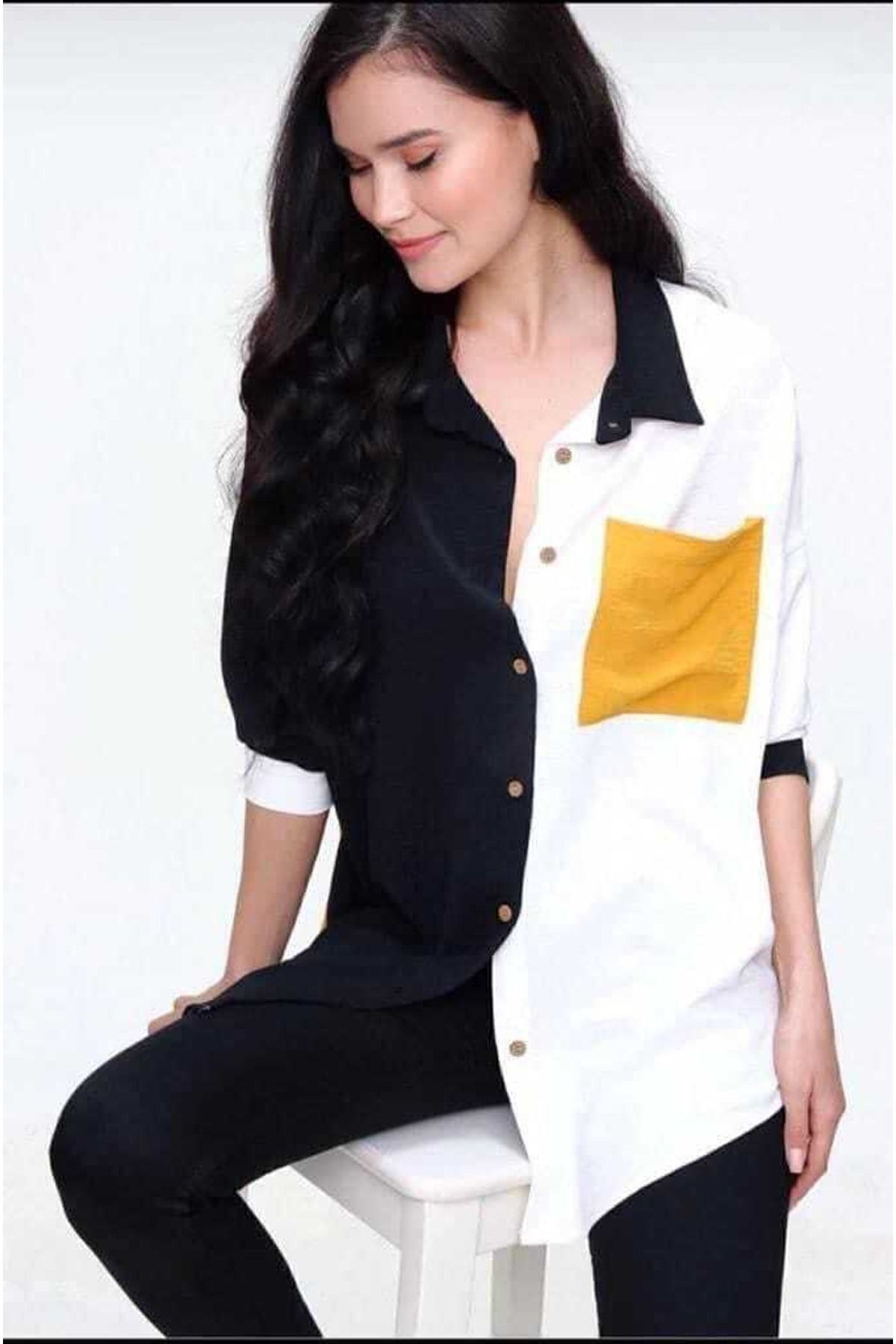 Pasaklı Giyim Kadın Siyah Sarı Beyaz Renk Detaylı Arkası Uzun Uzun Kollu Döküml