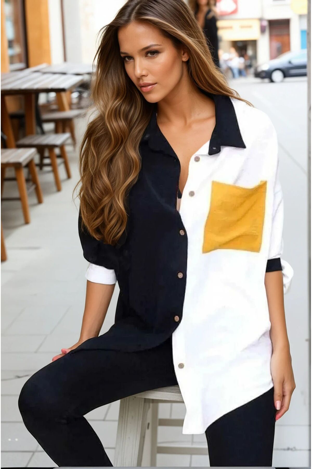 Pasaklı Giyim Kadın Siyah Sarı Beyaz Renk Detaylı Arkası Uzun Uzun Kollu Döküml