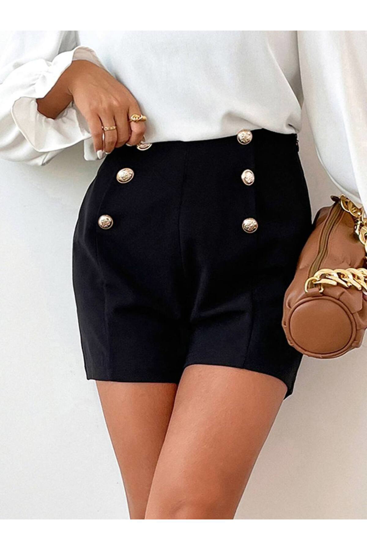 Fiolin Kadın Siyah Scuba Krep Düğme Detaylı Şort