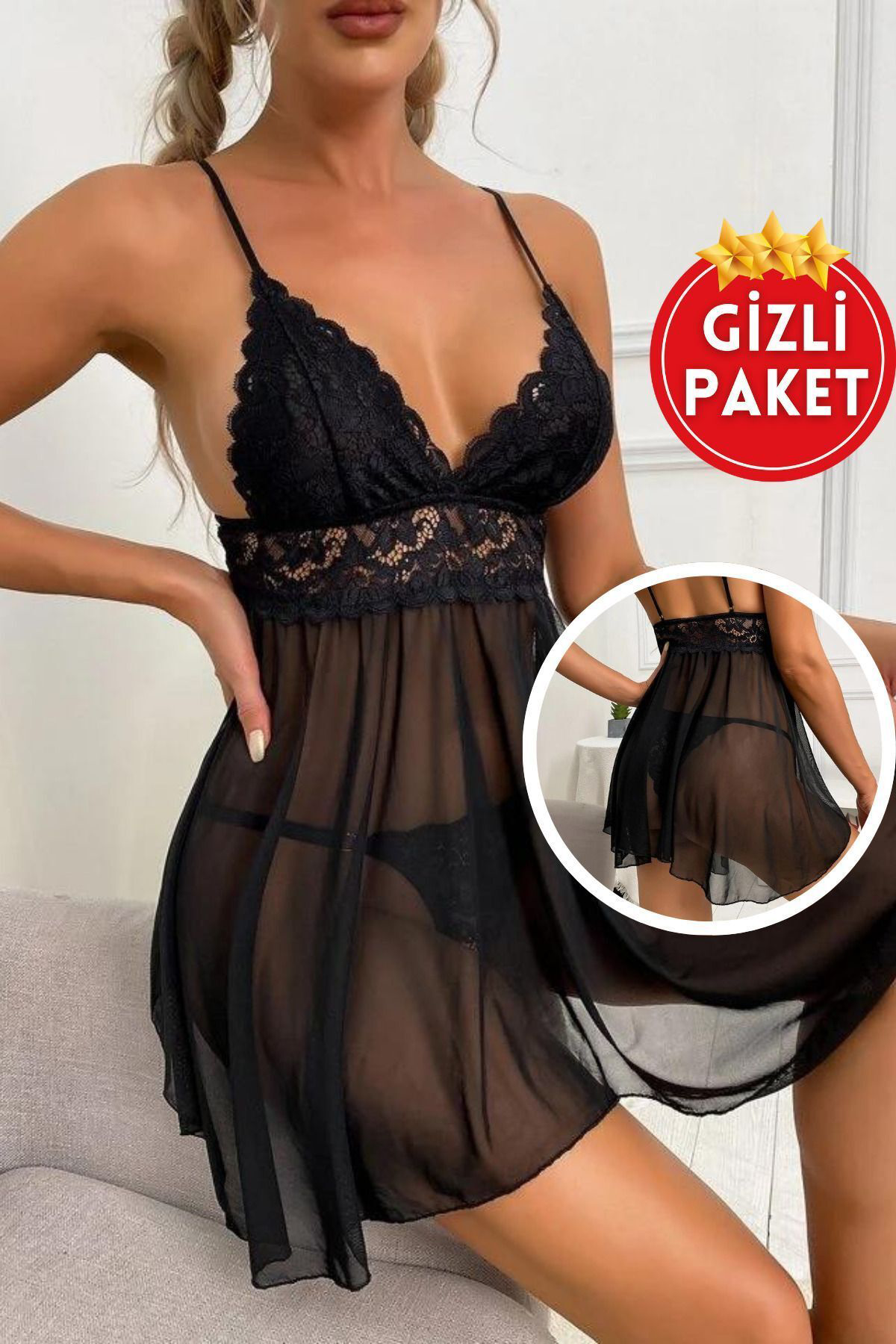 Kadın Siyah Seksi Dantel Detaylı Derin Göğüs Dekolteli Şık Babydoll Tül Gecelik Fiyatı, Yorumları ve Özellikleri
