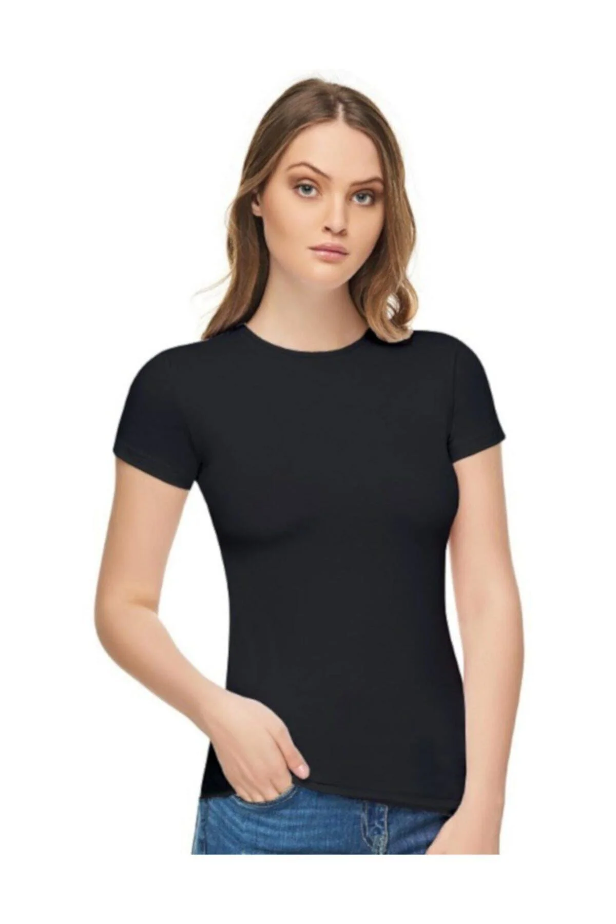 Kadın Beyaz Sıfır Yaka Likralı Kısa Kol T-shirt 2'li