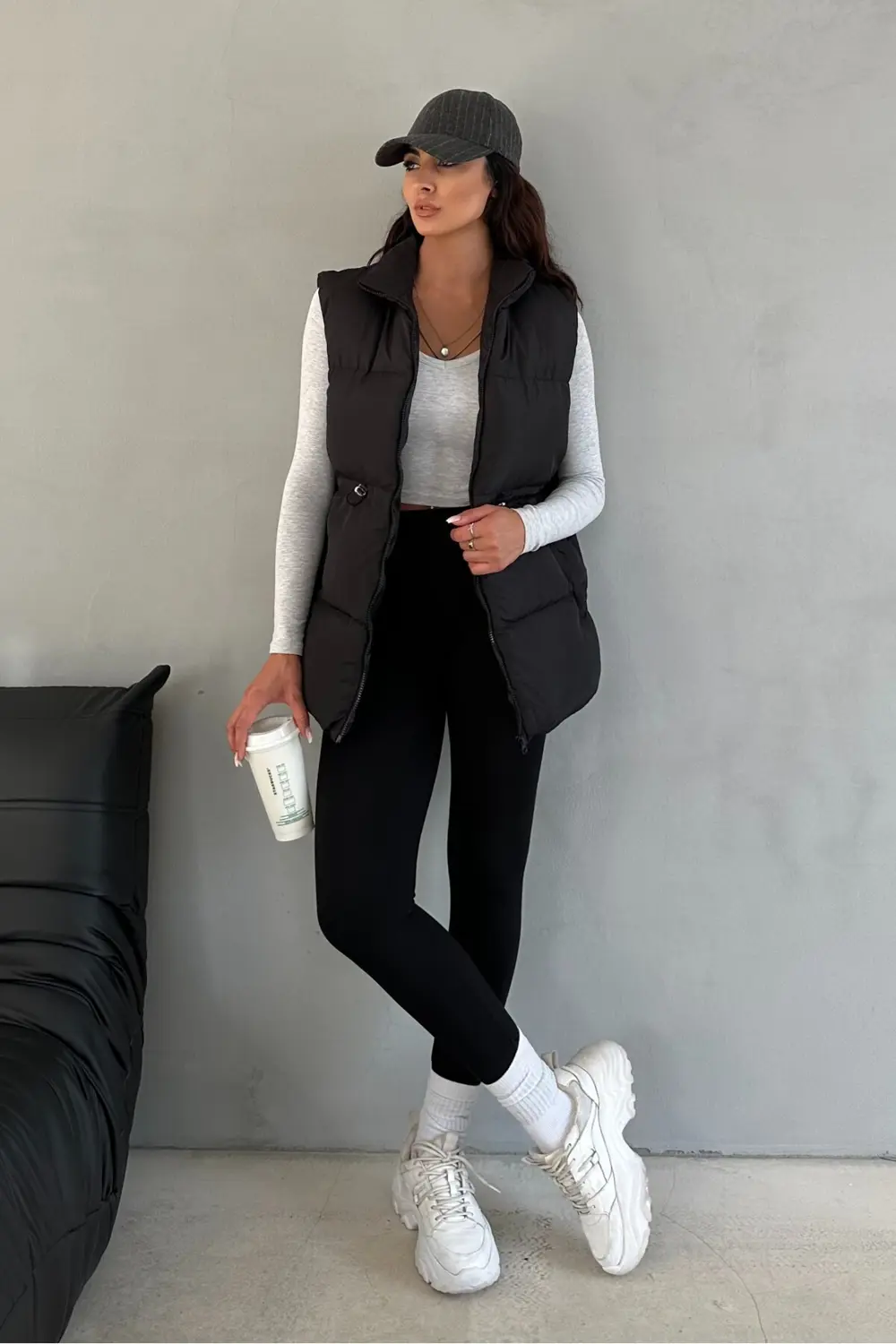 Moda Armanc Kadın Siyah Şişme Yelek - Kapüşonsuz Uzun Fermuarlı Cepli Kışlık