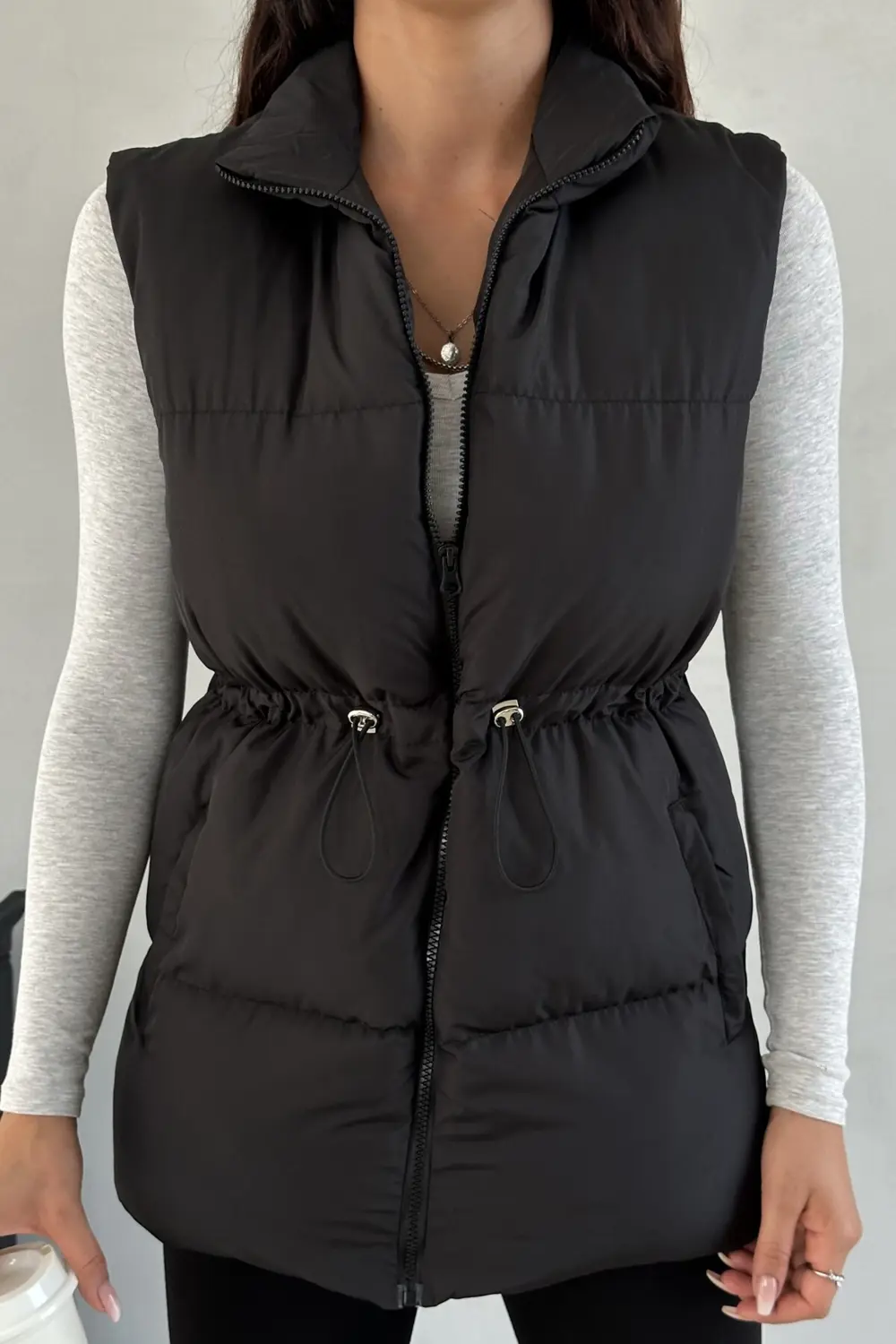 Moda Armanc Kadın Siyah Şişme Yelek - Kapüşonsuz Uzun Fermuarlı Cepli Kışlık