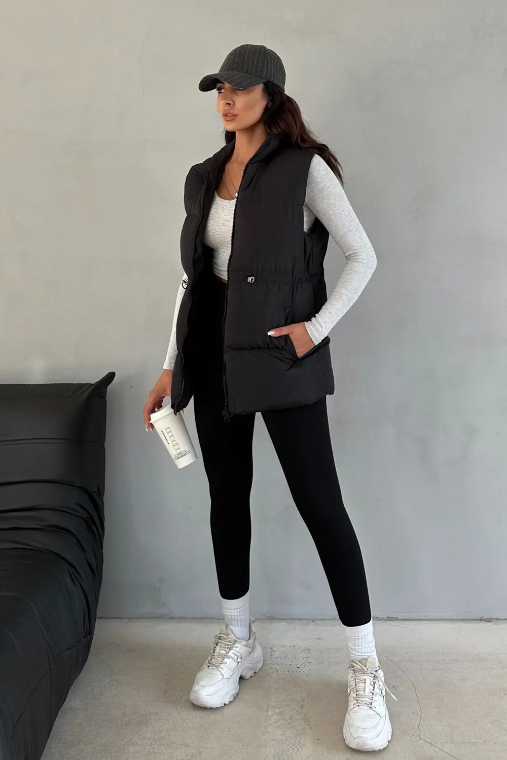 Moda Armanc Kadın Siyah Şişme Yelek - Kapüşonsuz Uzun Fermuarlı Cepli Kışlık