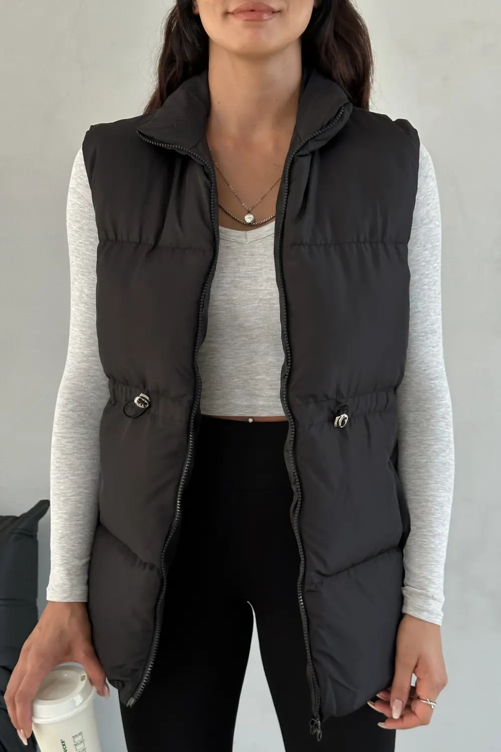 Moda Armanc Kadın Siyah Şişme Yelek - Kapüşonsuz Uzun Fermuarlı Cepli Kışlık