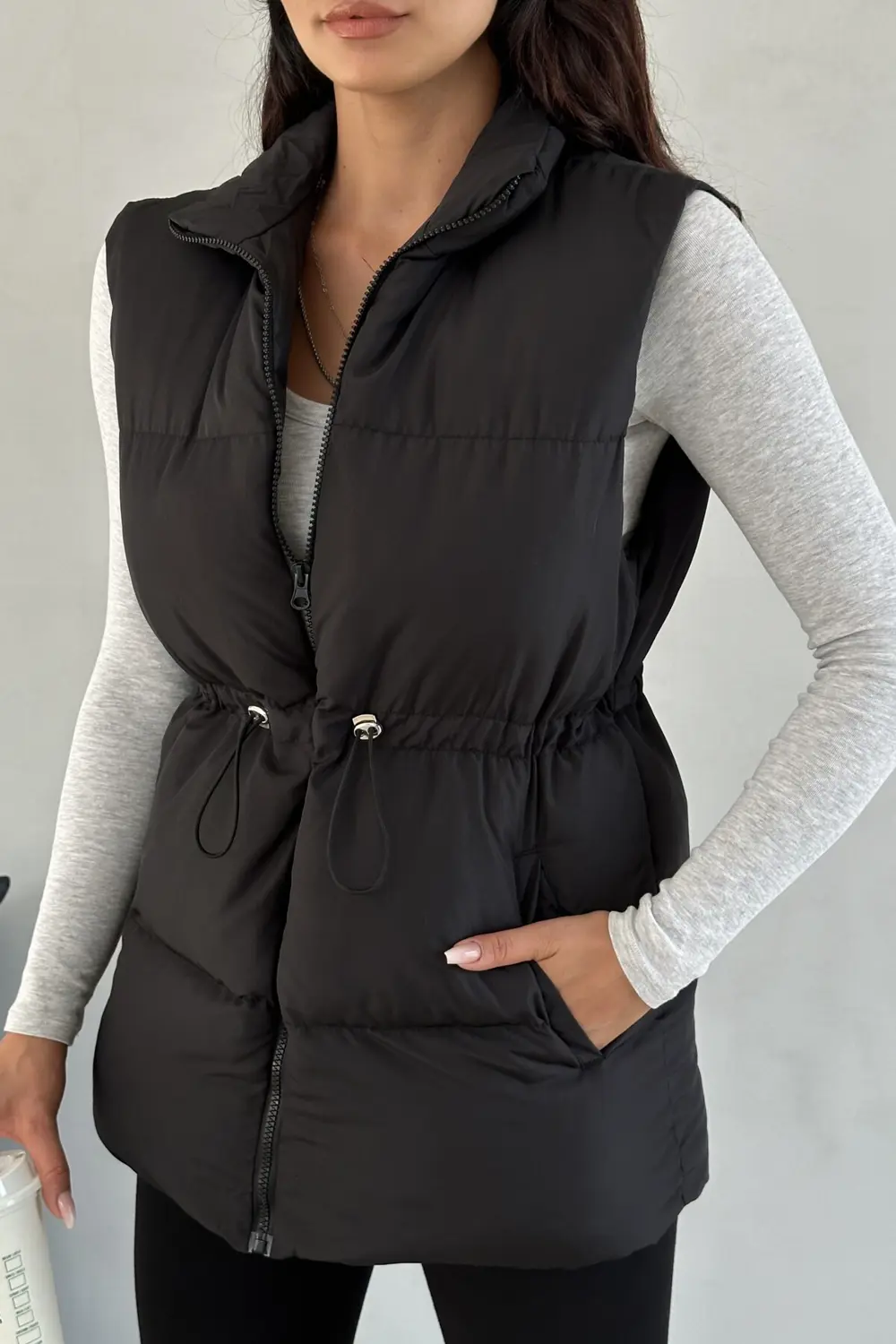 Moda Armanc Kadın Siyah Şişme Yelek - Kapüşonsuz Uzun Fermuarlı Cepli Kışlık