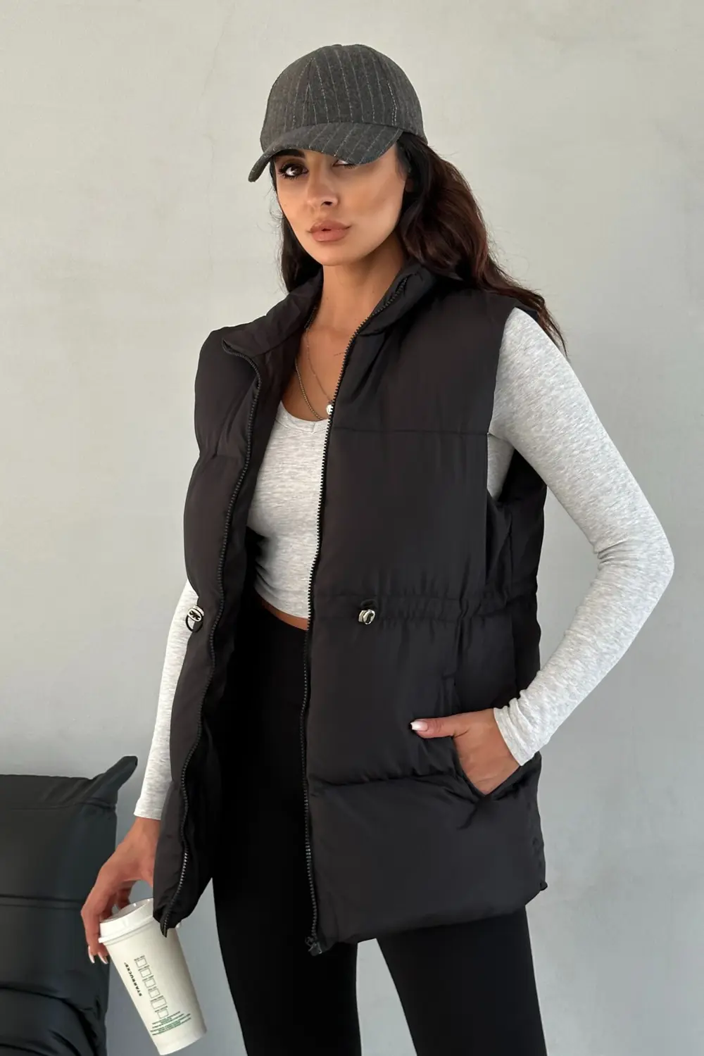 Moda Armanc Kadın Siyah Şişme Yelek - Kapüşonsuz Uzun Fermuarlı Cepli Kışlık