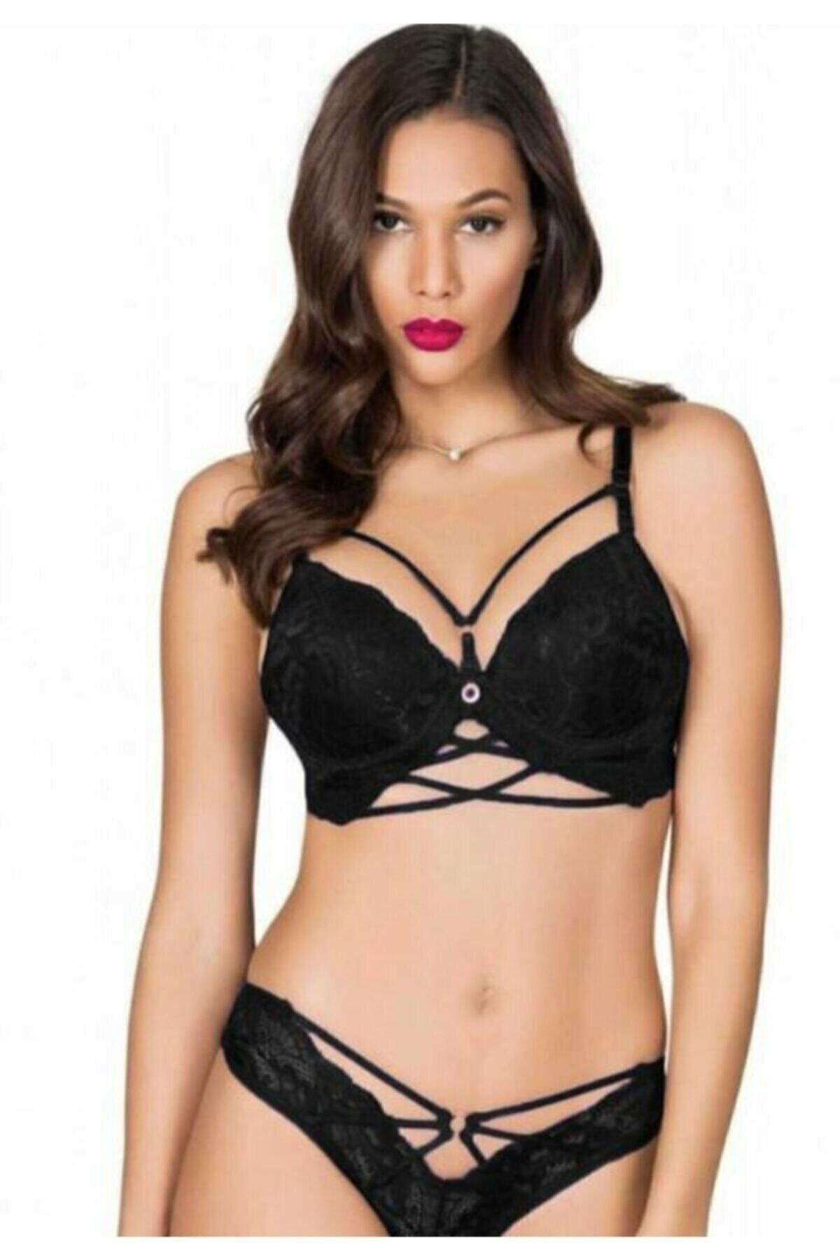 Kadın Siyah Taşlı Toparlayıcı Fantazi Sütyen Takımı Yeni Sezon