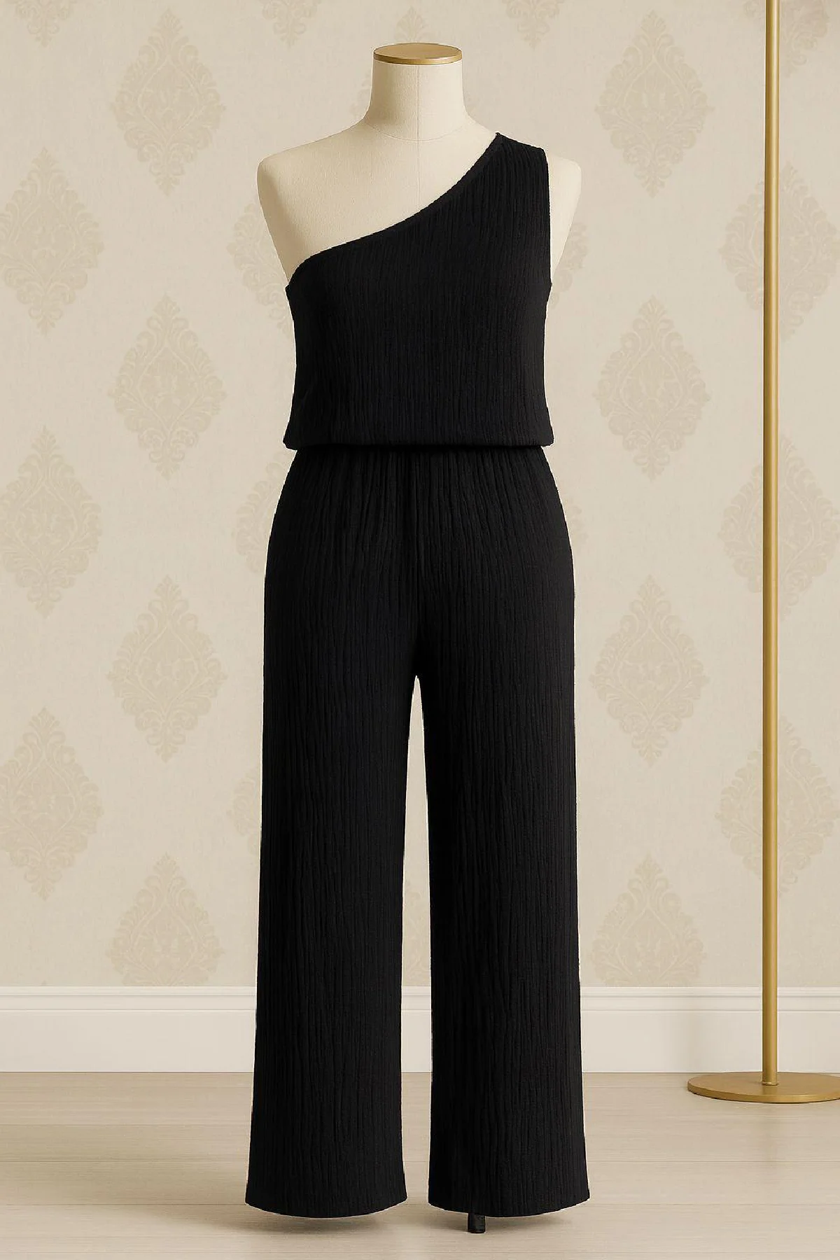 Kadın Siyah Tek Omuzlu Şık Bluz & Geniş Paça Pantolon İkili Takım