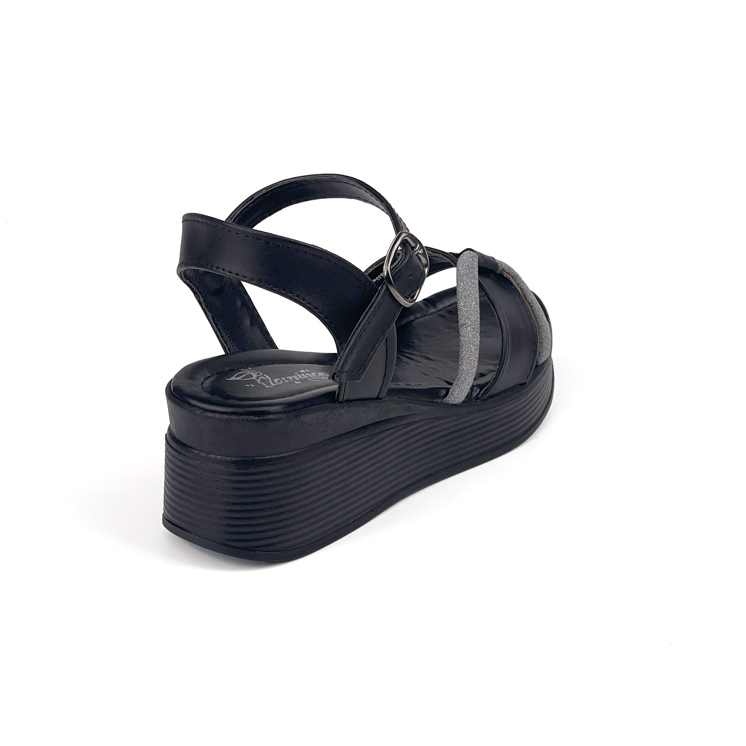 Kadın Siyah Tokalı Taşlı Dolgu Topuklu Sandalet 6 Cm Rahat Yüksek