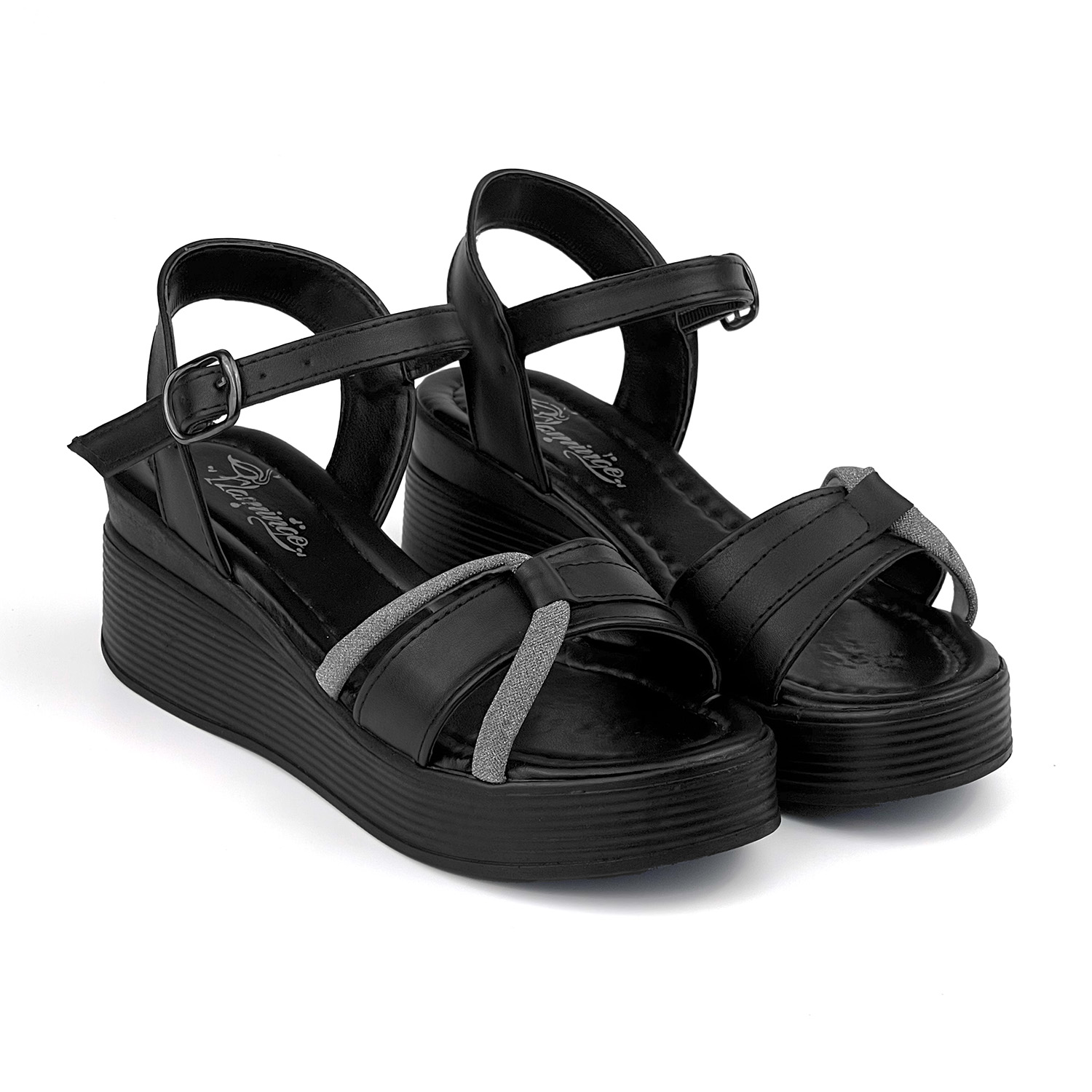 Kadın Siyah Tokalı Taşlı Dolgu Topuklu Sandalet 6 Cm Rahat Yüksek