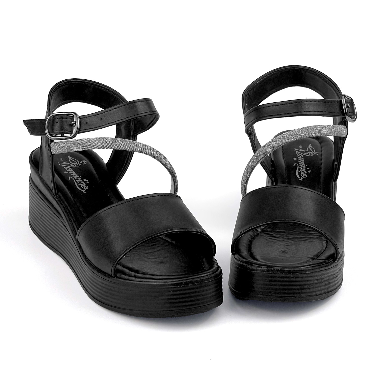 Kajila Kadın Siyah Tokalı Taşlı Dolgu Topuklu Sandalet 6 Cm Rahat Yüksek