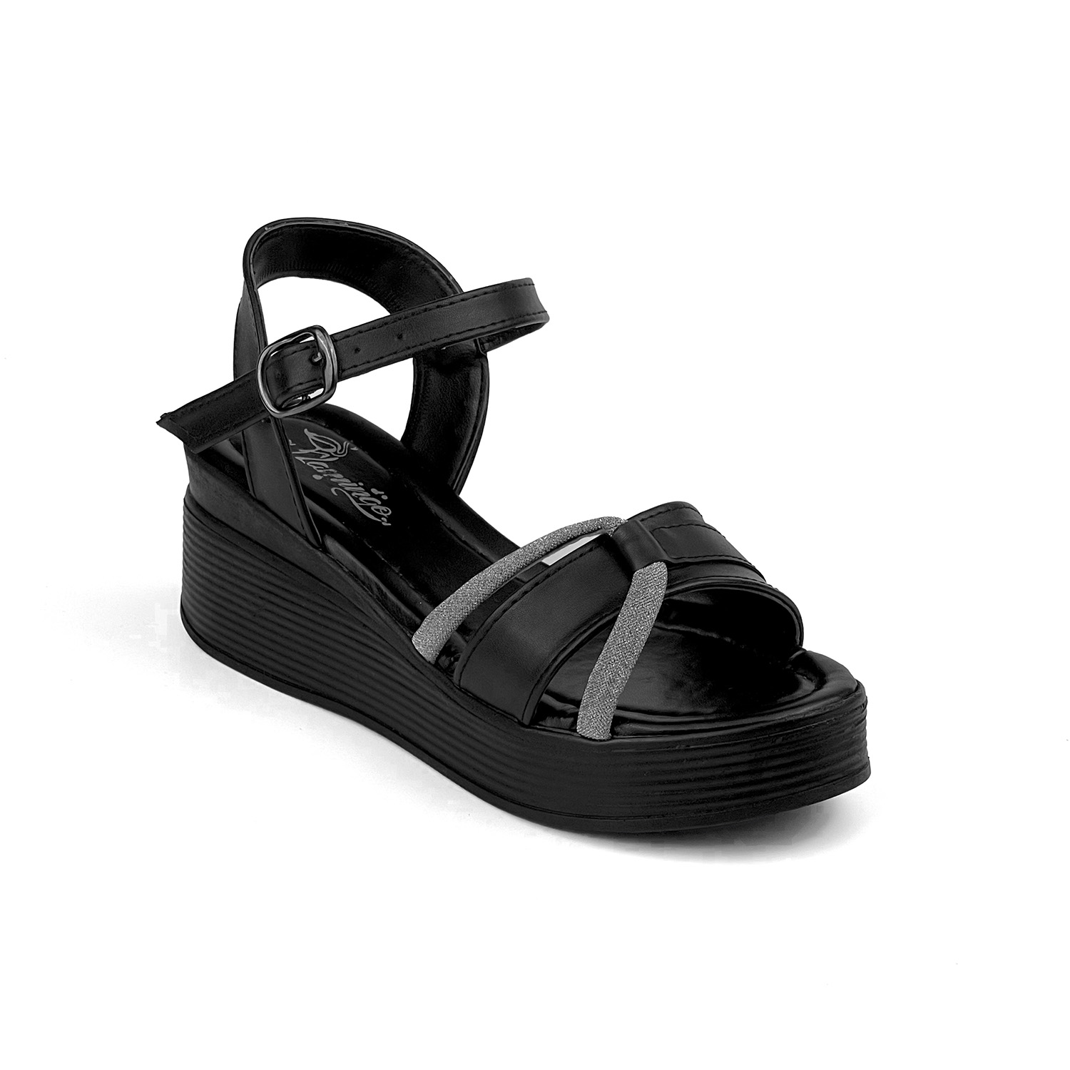 Kadın Siyah Tokalı Taşlı Dolgu Topuklu Sandalet 6 Cm Rahat Yüksek