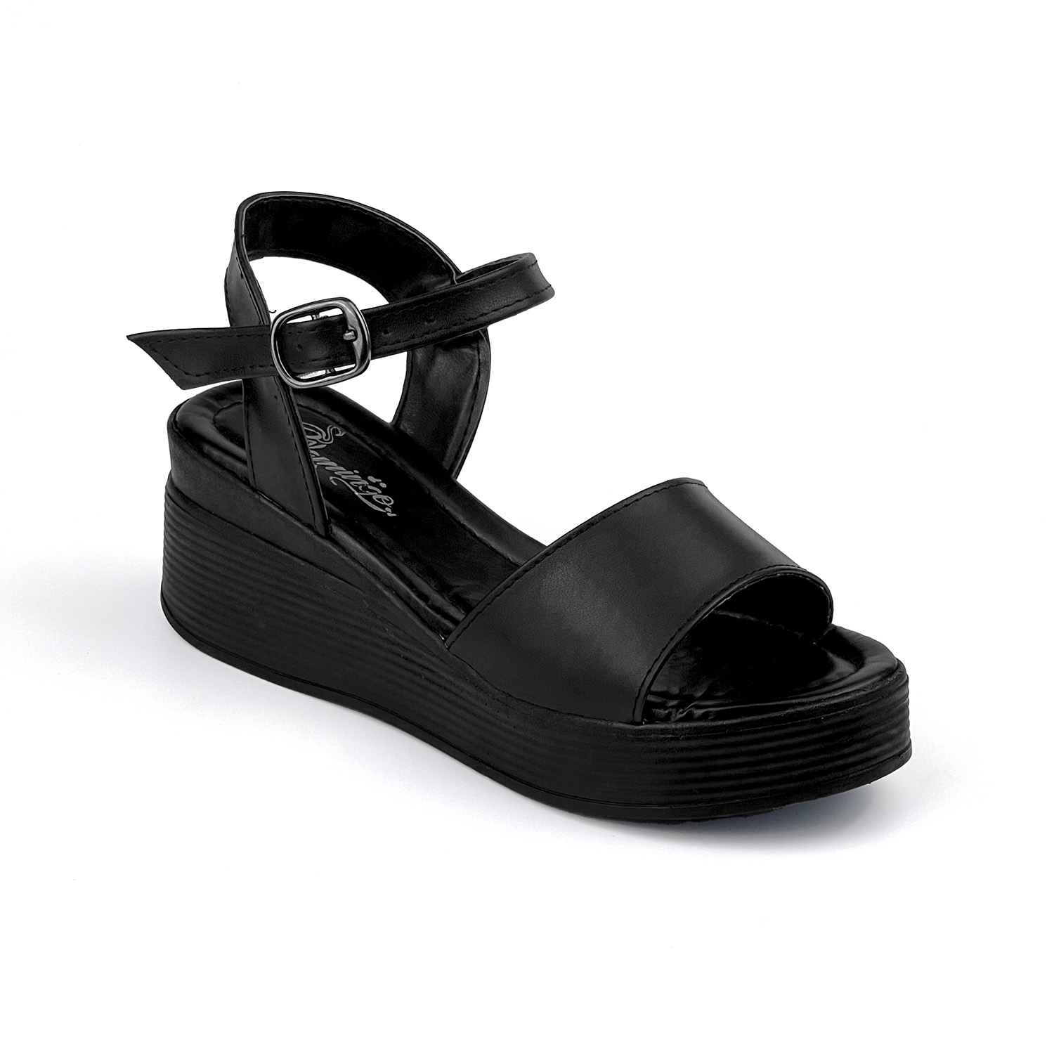 Kajila Kadın Siyah Tokalı Dolgu Topuklu Sandalet 6 Cm Rahat Yüksek Topuk