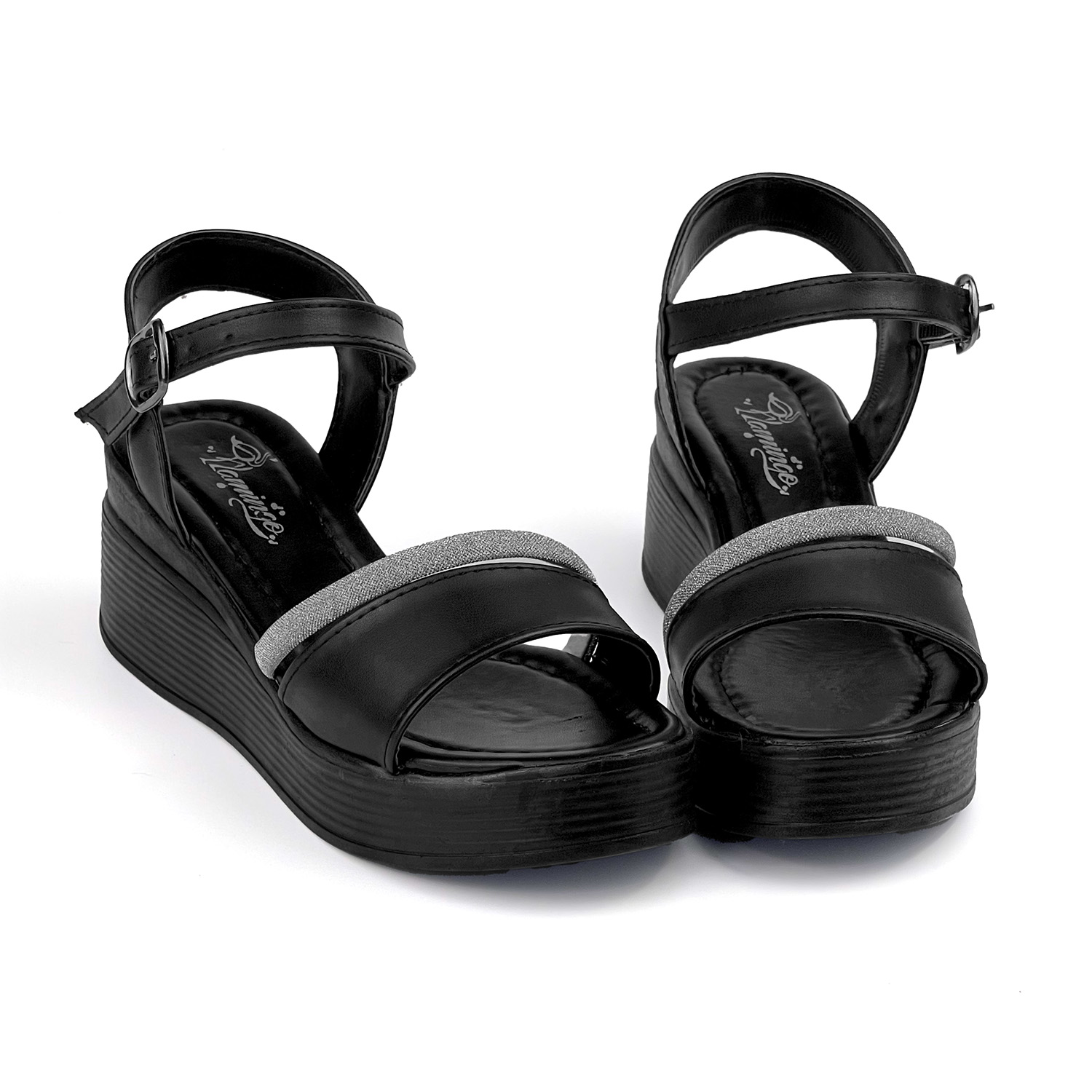 Kadın Siyah Tokalı Taşlı Dolgu Topuklu Sandalet 6 Cm Rahat Yüksek