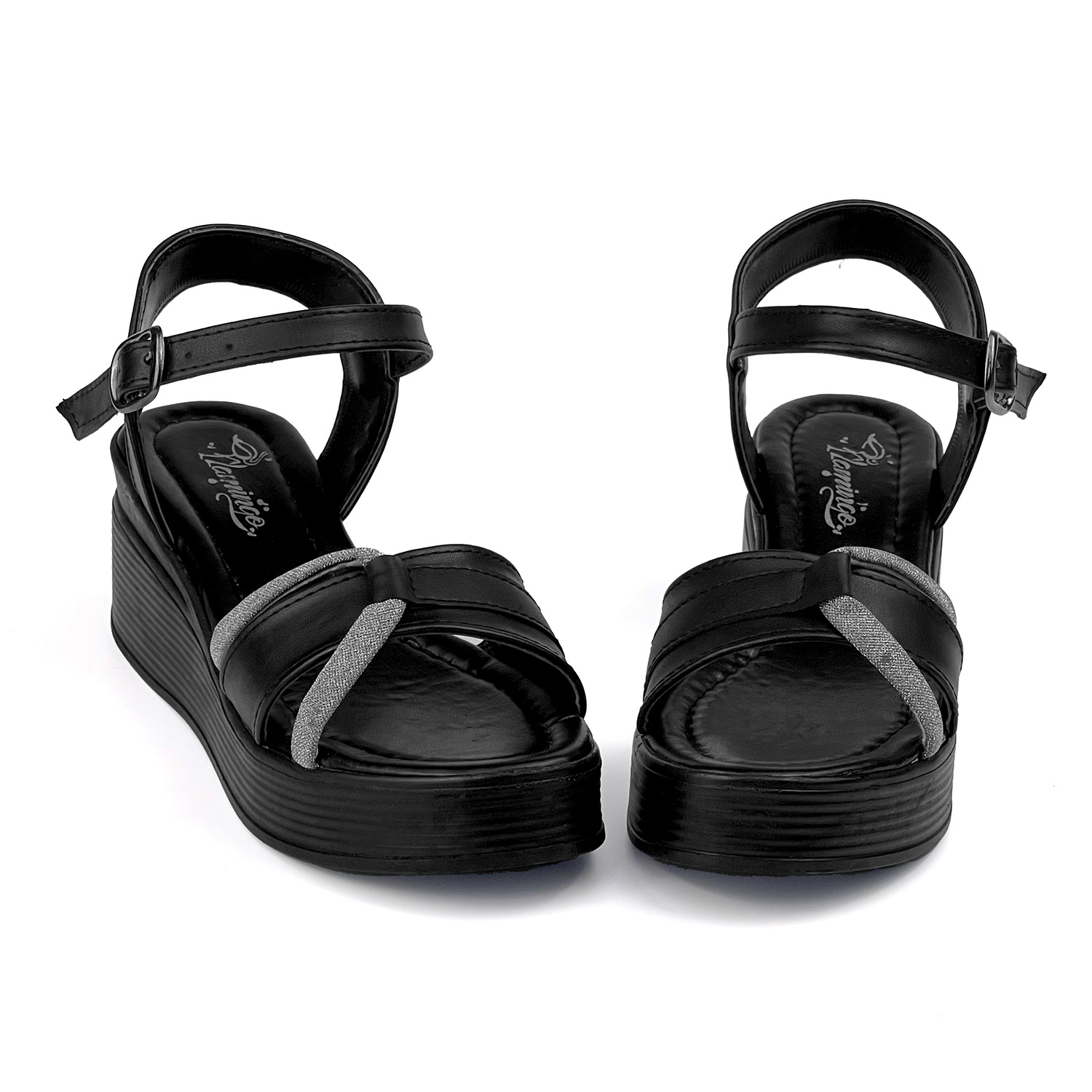 Kadın Siyah Tokalı Taşlı Dolgu Topuklu Sandalet 6 Cm Rahat Yüksek