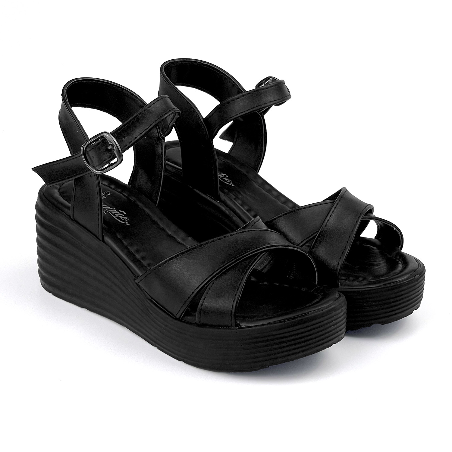 Kajila Kadın Siyah Tokalı Dolgu Topuklu Sandalet 6 Cm Rahat Yüksek Topuk