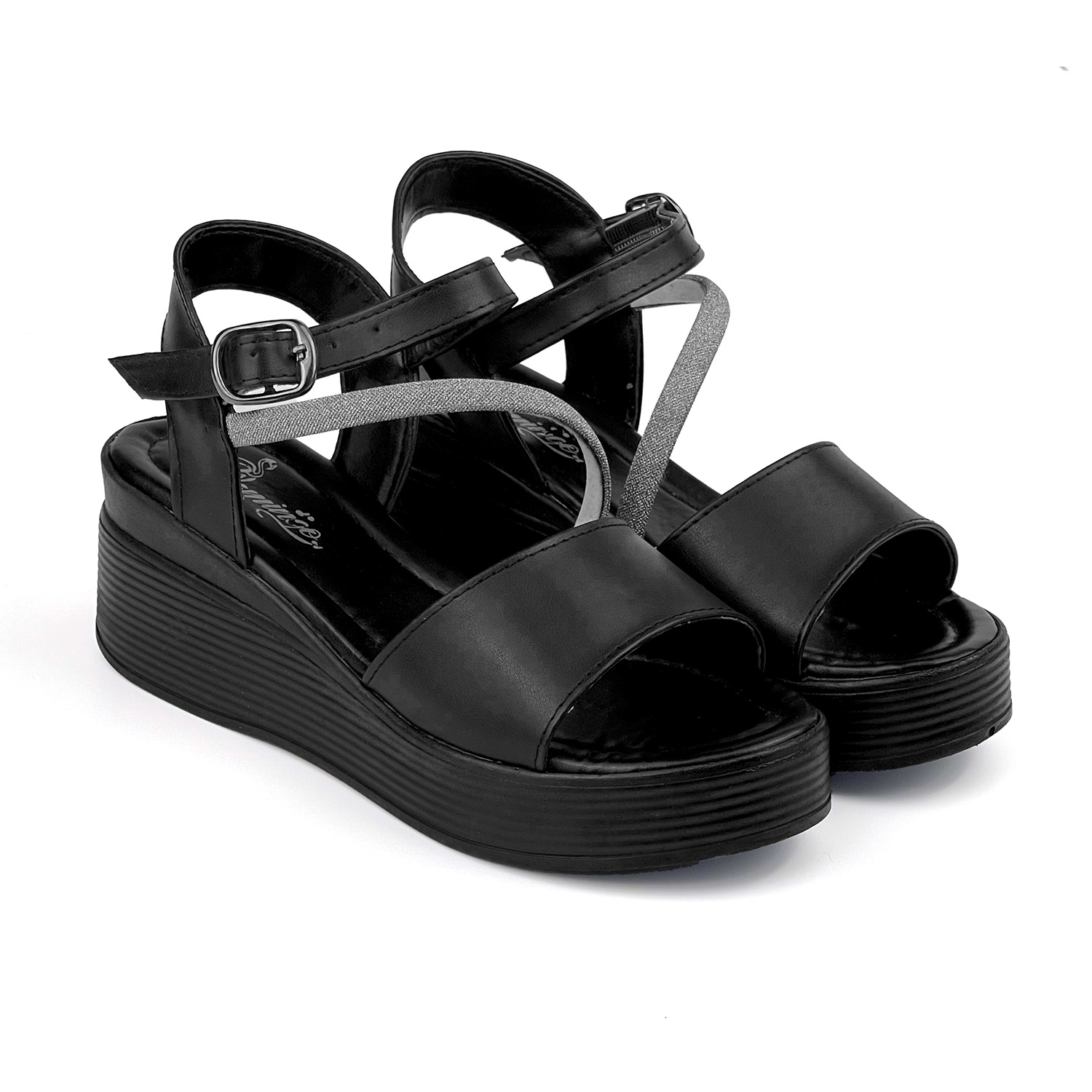 Kajila Kadın Siyah Tokalı Taşlı Dolgu Topuklu Sandalet 6 Cm Rahat Yüksek