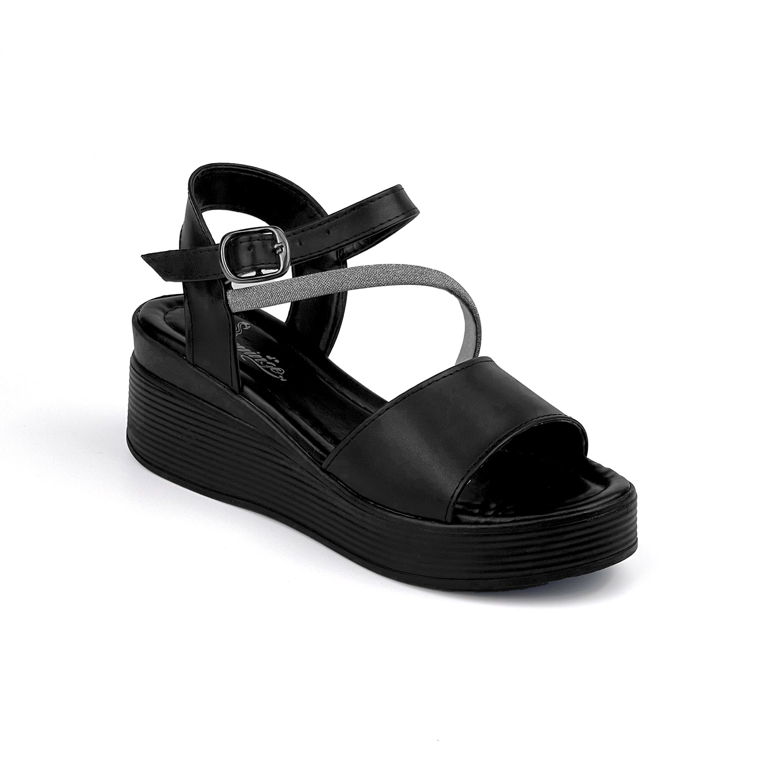 Kajila Kadın Siyah Tokalı Taşlı Dolgu Topuklu Sandalet 6 Cm Rahat Yüksek