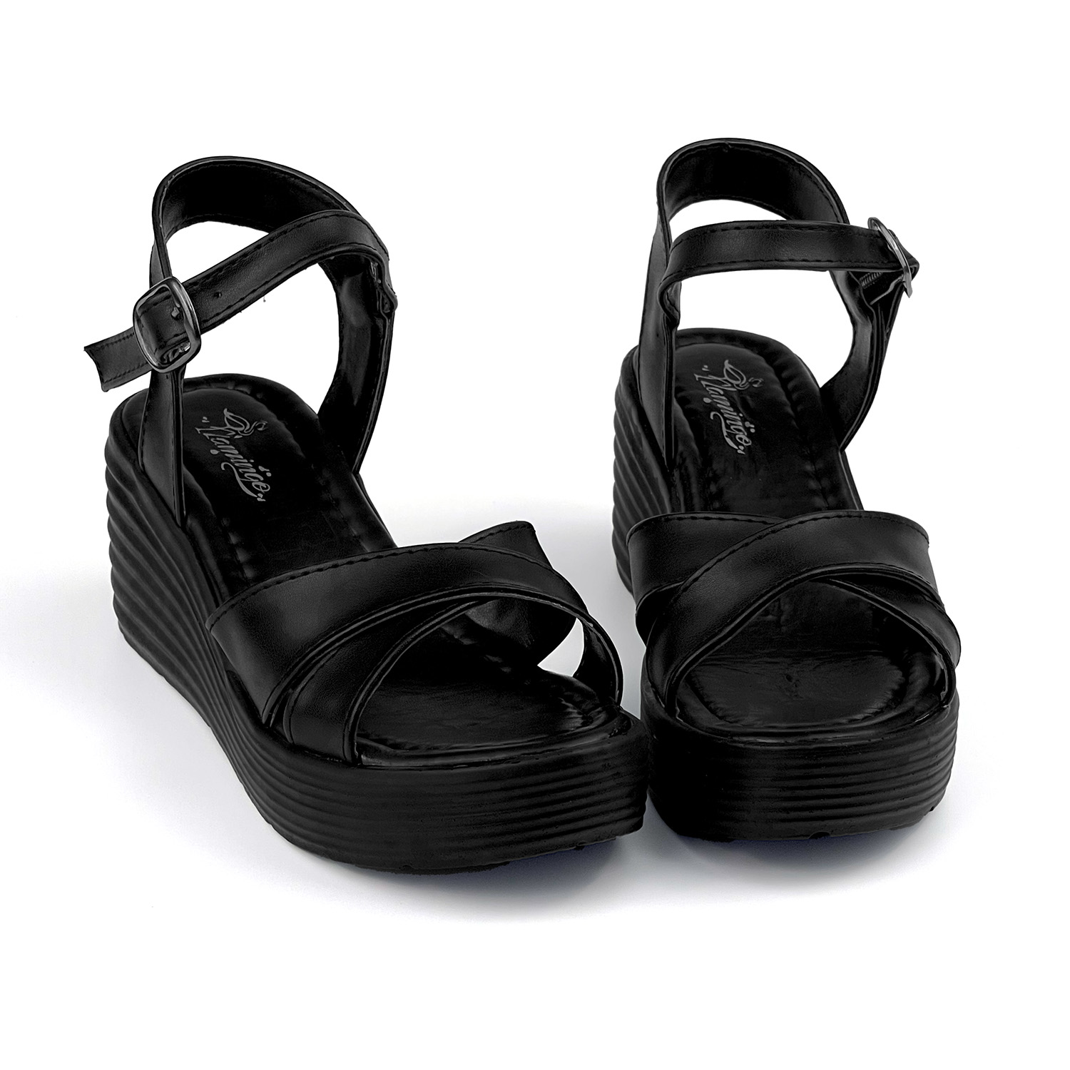 Kajila Kadın Siyah Tokalı Dolgu Topuklu Sandalet 6 Cm Rahat Yüksek Topuk