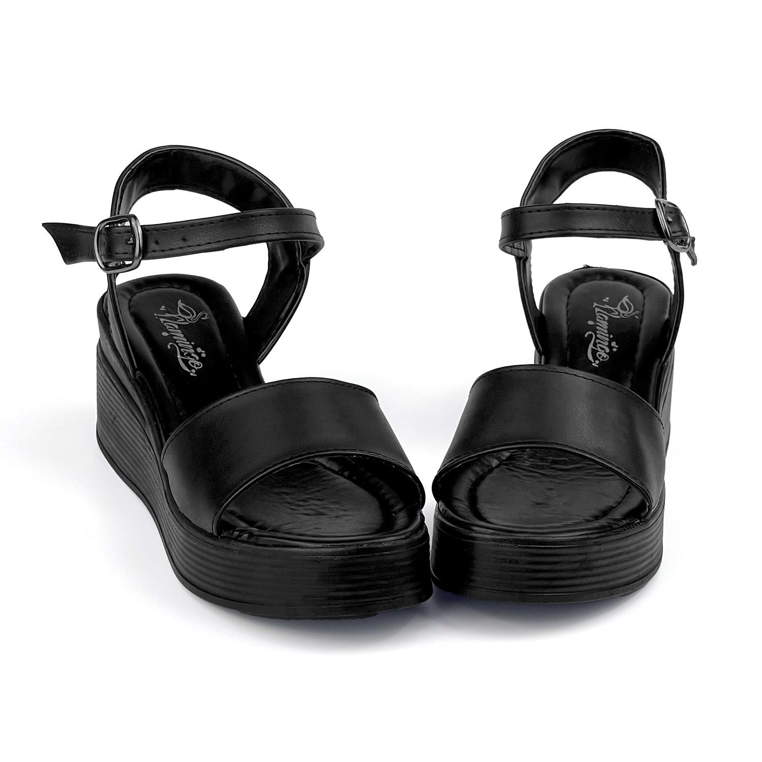 Kajila Kadın Siyah Tokalı Dolgu Topuklu Sandalet 6 Cm Rahat Yüksek Topuk