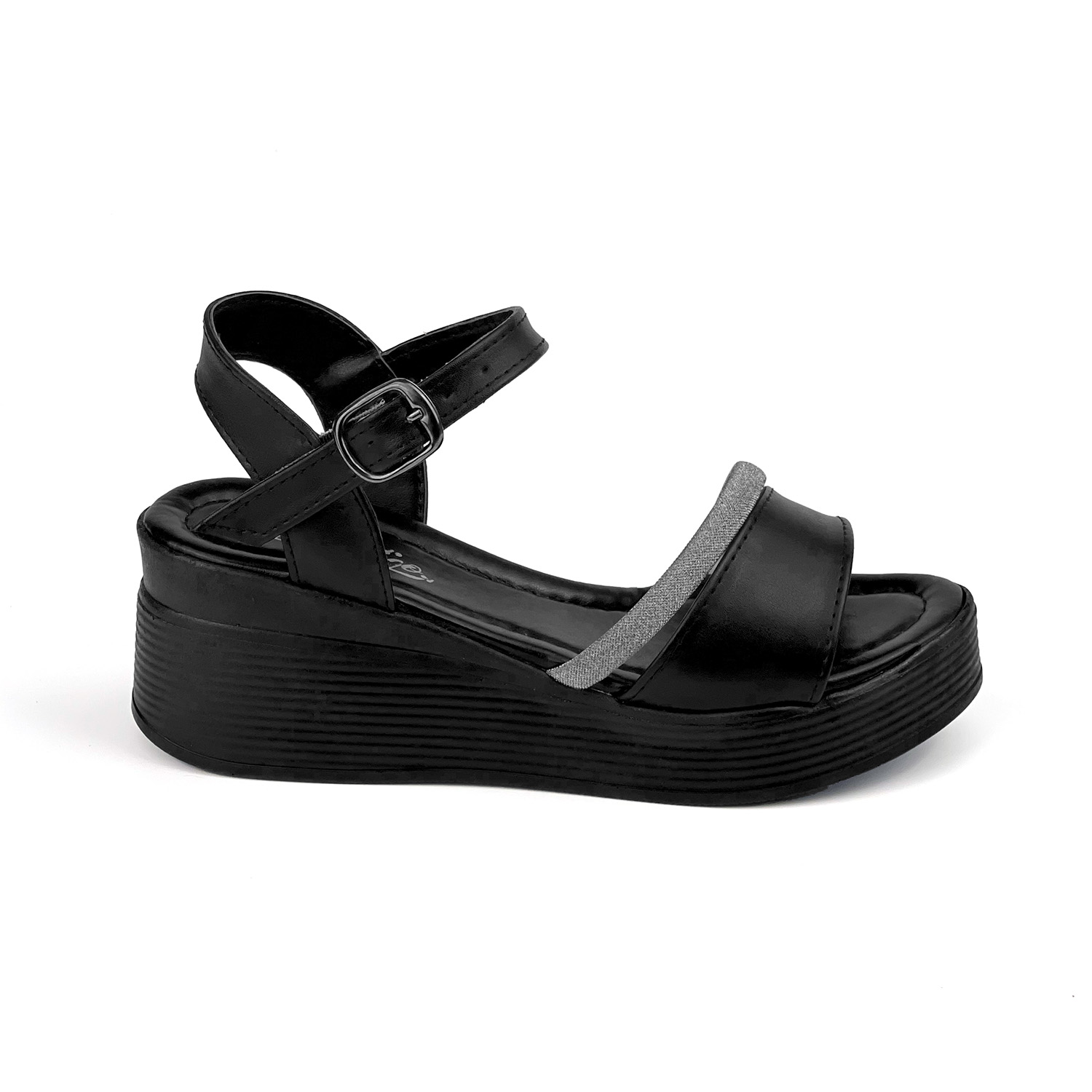 Kadın Siyah Tokalı Taşlı Dolgu Topuklu Sandalet 6 Cm Rahat Yüksek