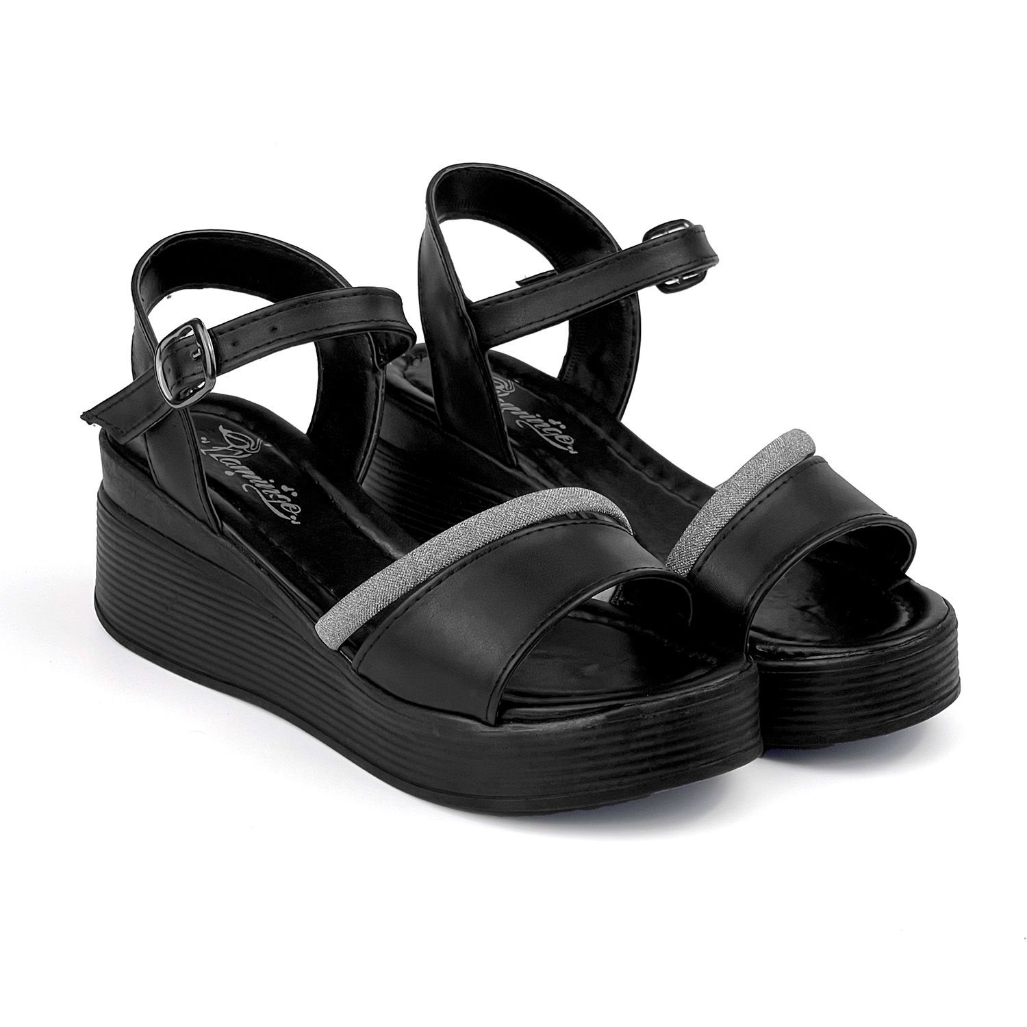 Kadın Siyah Tokalı Taşlı Dolgu Topuklu Sandalet 6 Cm Rahat Yüksek